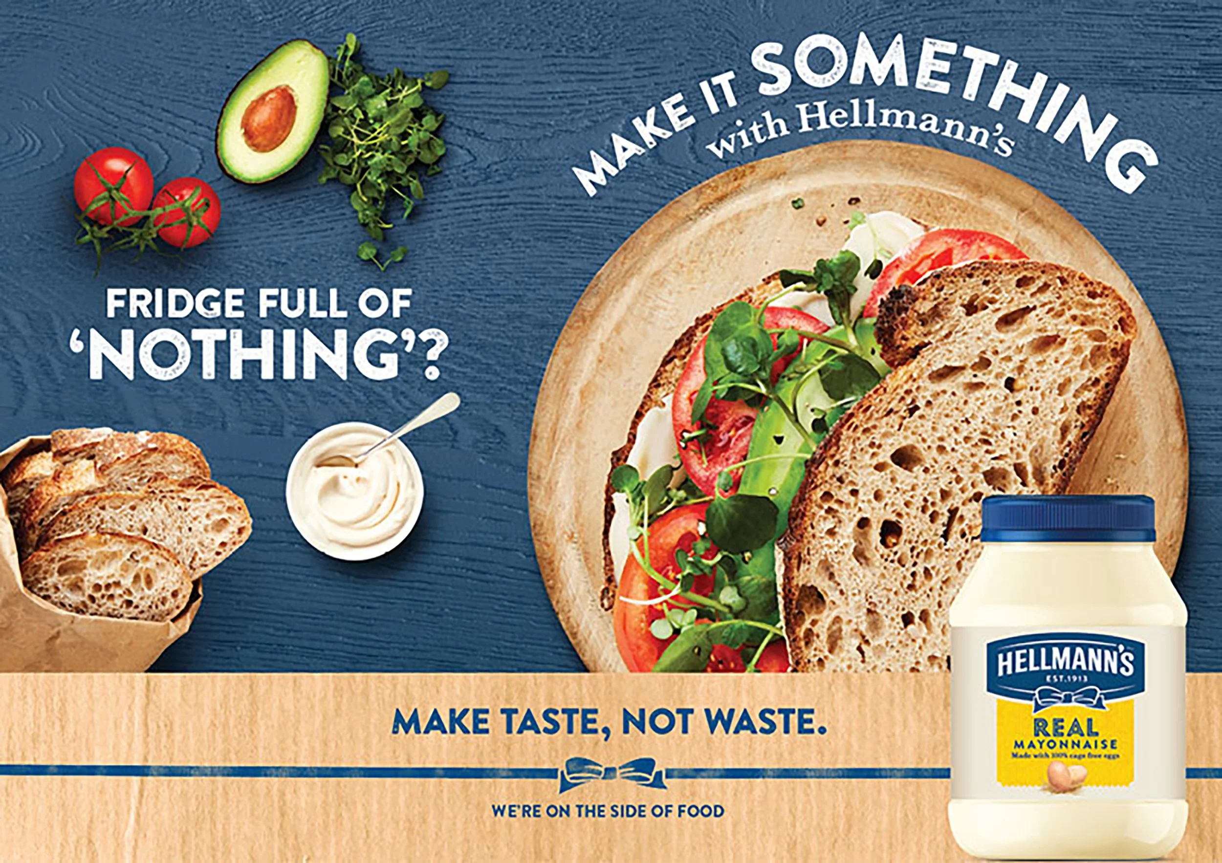 Hellmann’s mayonnaise advertisement featuring a vegetable sandwich, sourdough bread, tomatoes, avocado, greens, and the slogan “Make taste, not waste.”