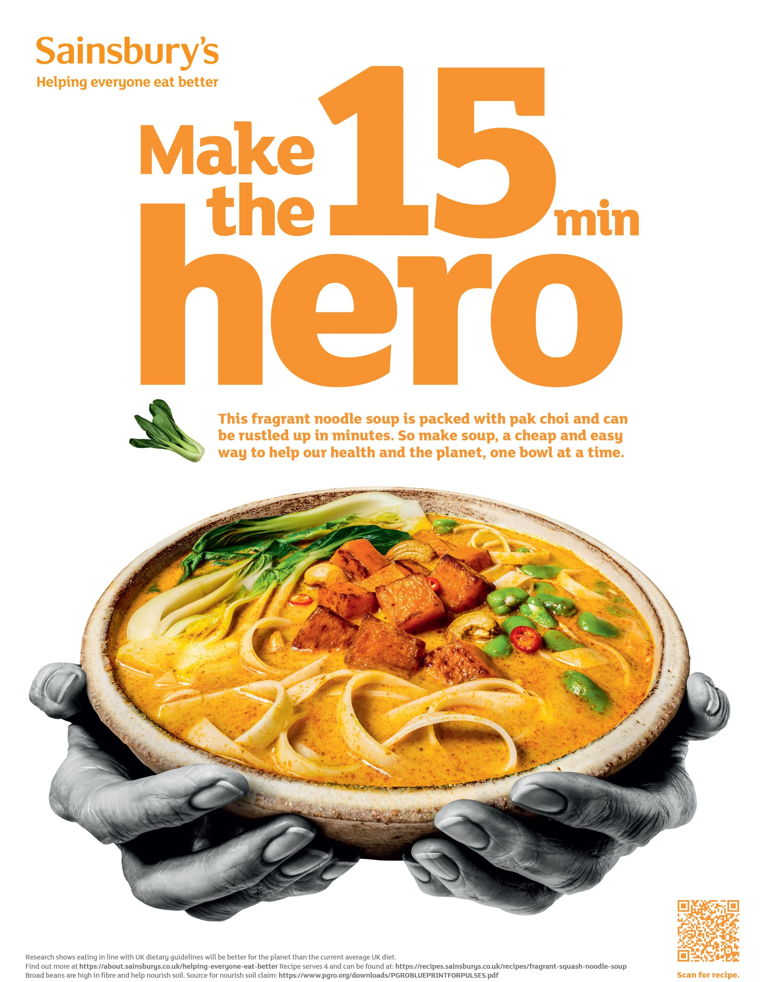 Sainsbury's “Make the 15-minute hero” poster featuring fragrant squash noodle soup with pak choi, tofu, mushrooms, peppers, and noodles held by grayscale hands.