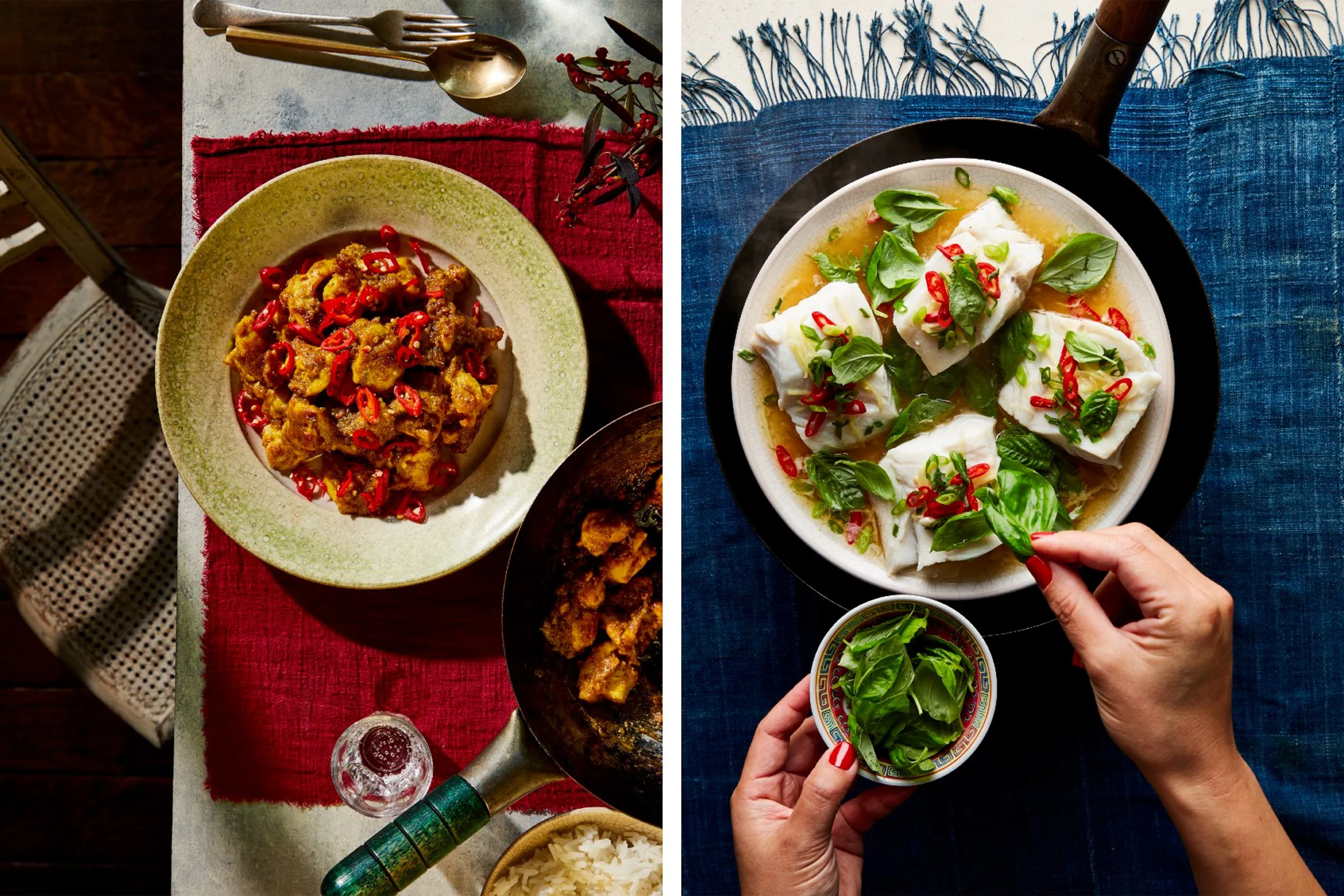 Overhead collage of spicy curry and steamed white fish garnished with red chilies and fresh basil, served with rice and tableware
