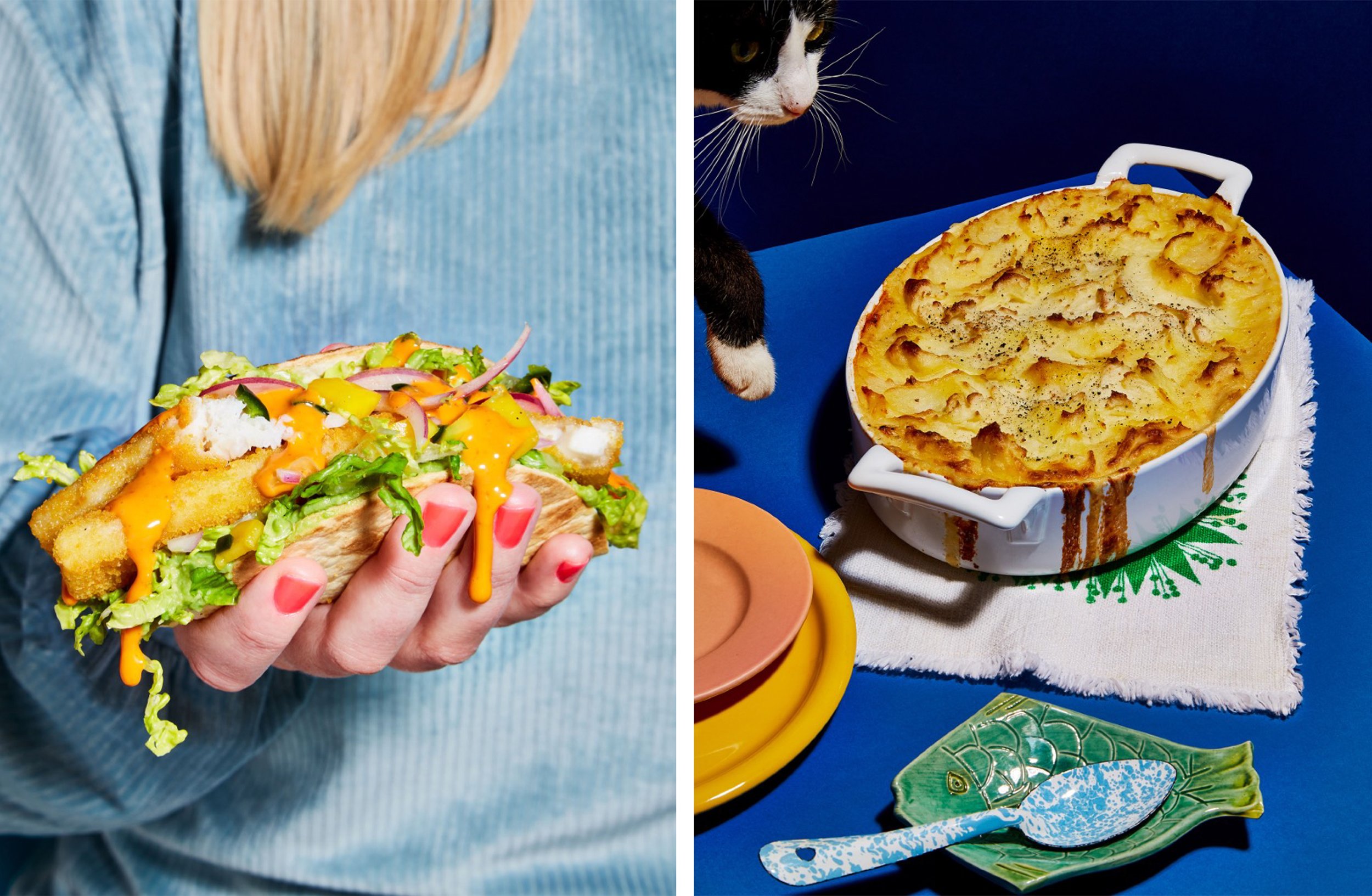 Split image of a loaded salad wrap with crispy filling and orange sauce, and cheesy baked potato casserole beside a curious black-and-white cat