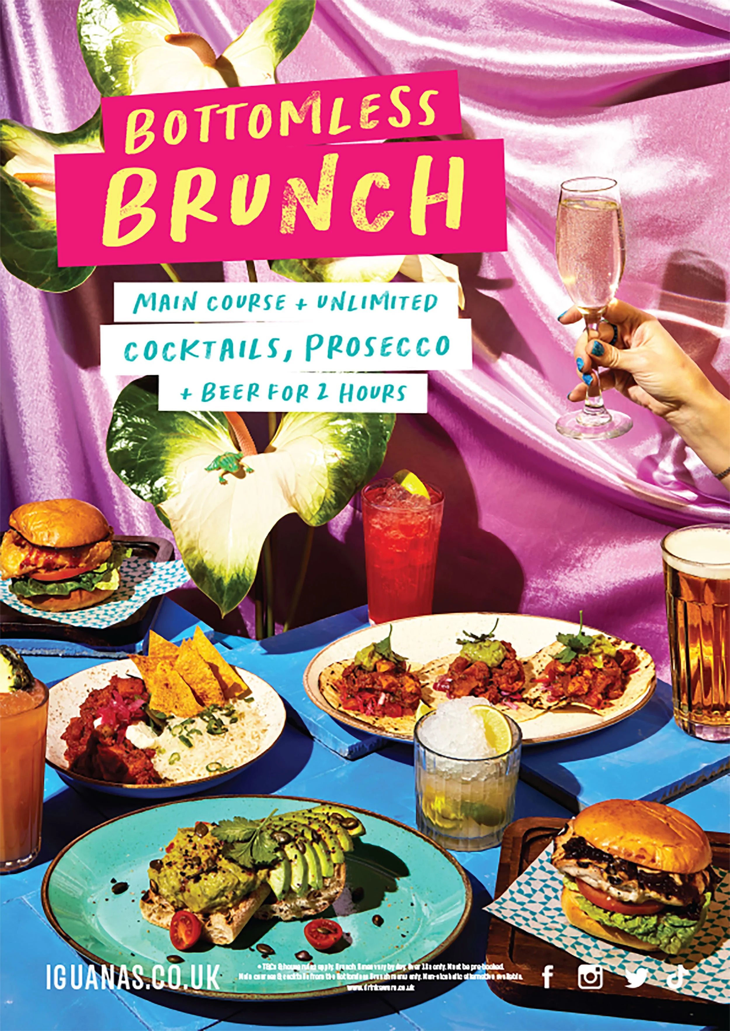 Colorful Iguanas brunch advertisement featuring tacos, burgers, cocktails, prosecco, beer, and text promoting a main course with unlimited drinks for two hours.