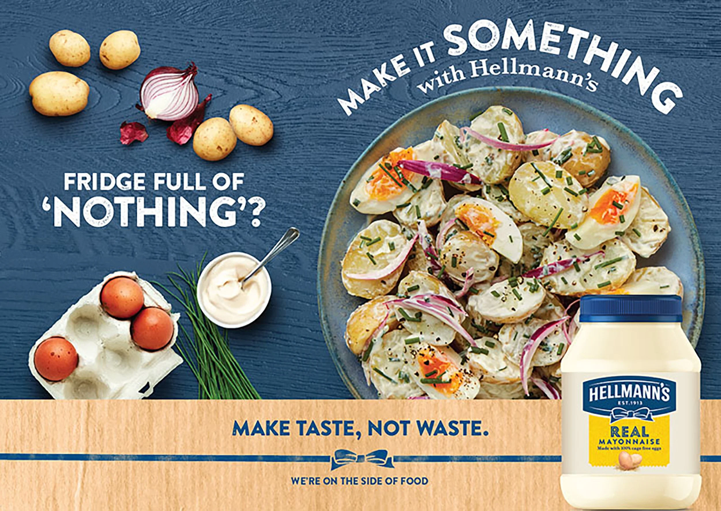 Hellmann’s mayonnaise advertisement featuring creamy potato salad, potatoes, red onion, eggs, chives, and the text “Make It Something” and “Make Taste, Not Waste.”
