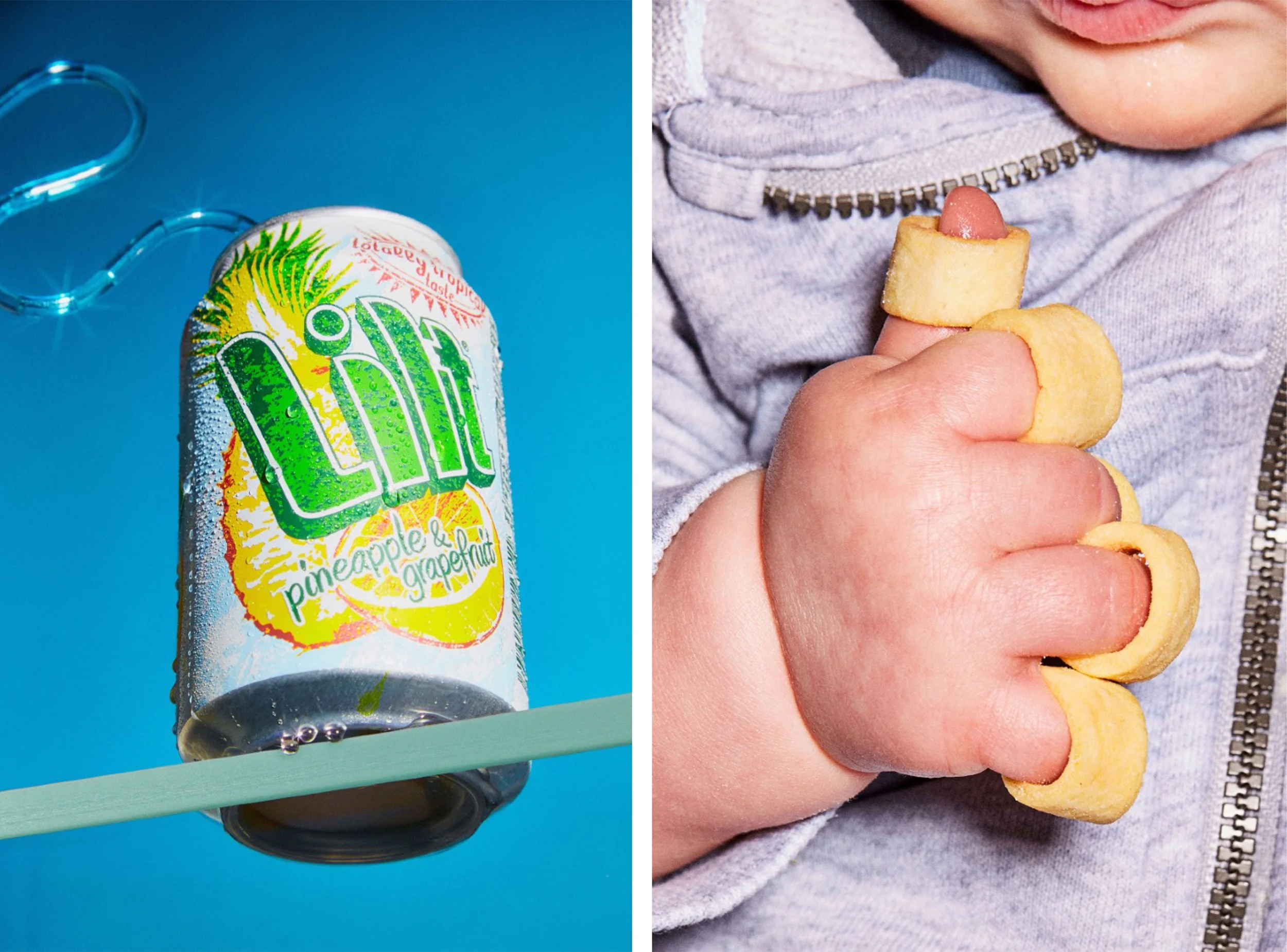 Split image showing a can of pineapple-grapefruit soda beside a person holding a small snack and a pretzel-shaped piece of food.