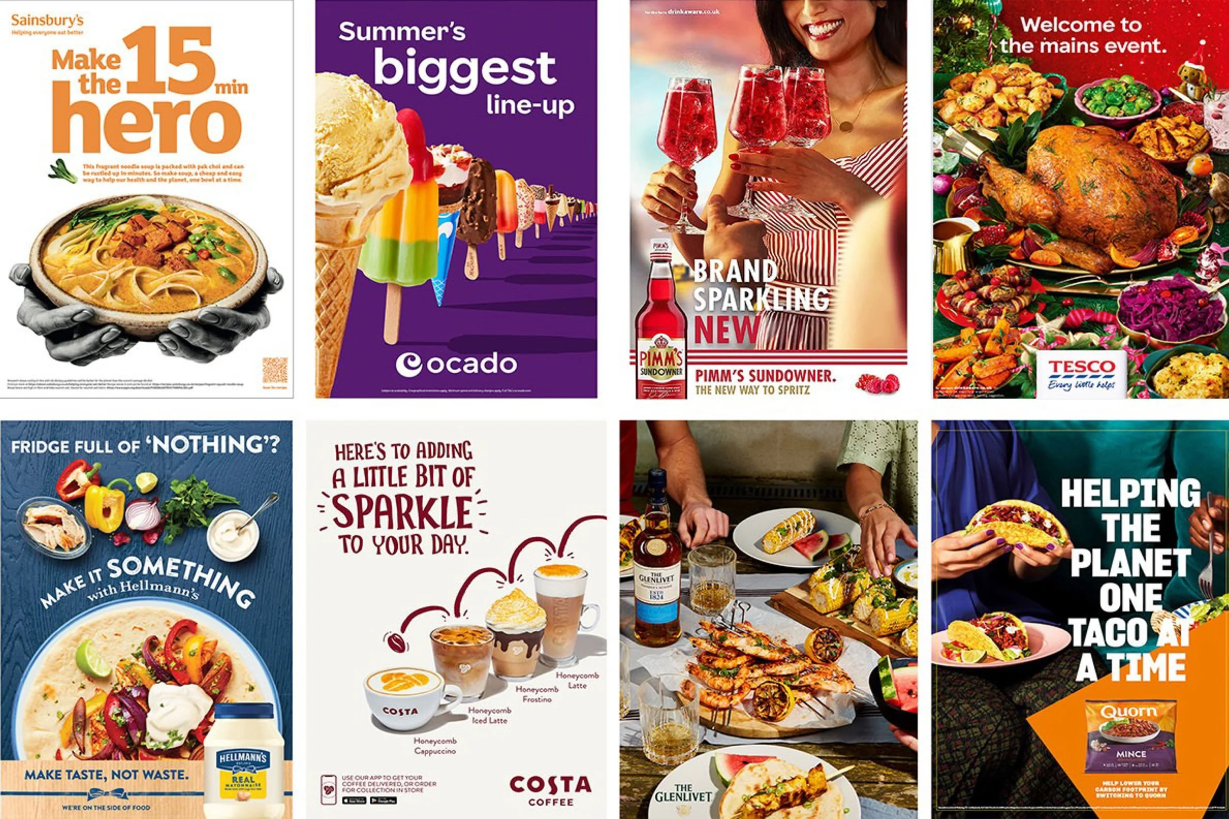 Collage of food and beverage advertisements featuring Sainsbury’s, Cocado ice cream, Pimm’s, Tesco, Hellmann’s, Costa Coffee, The Glenlivet, and Quorn.