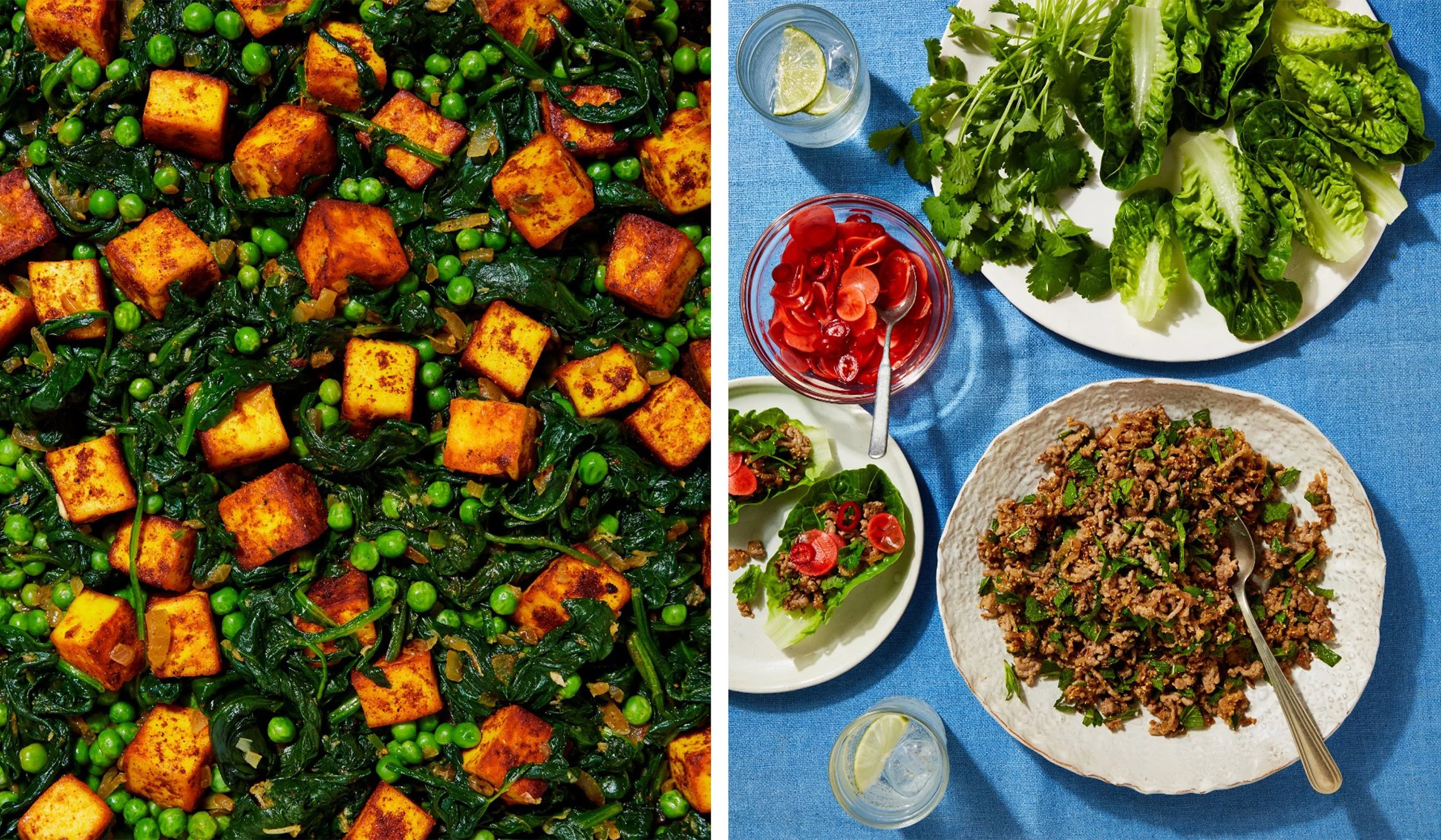 Indian-style spinach and peas with spiced paneer alongside lettuce, cilantro, pickled vegetables, lime, and a minced meat dish