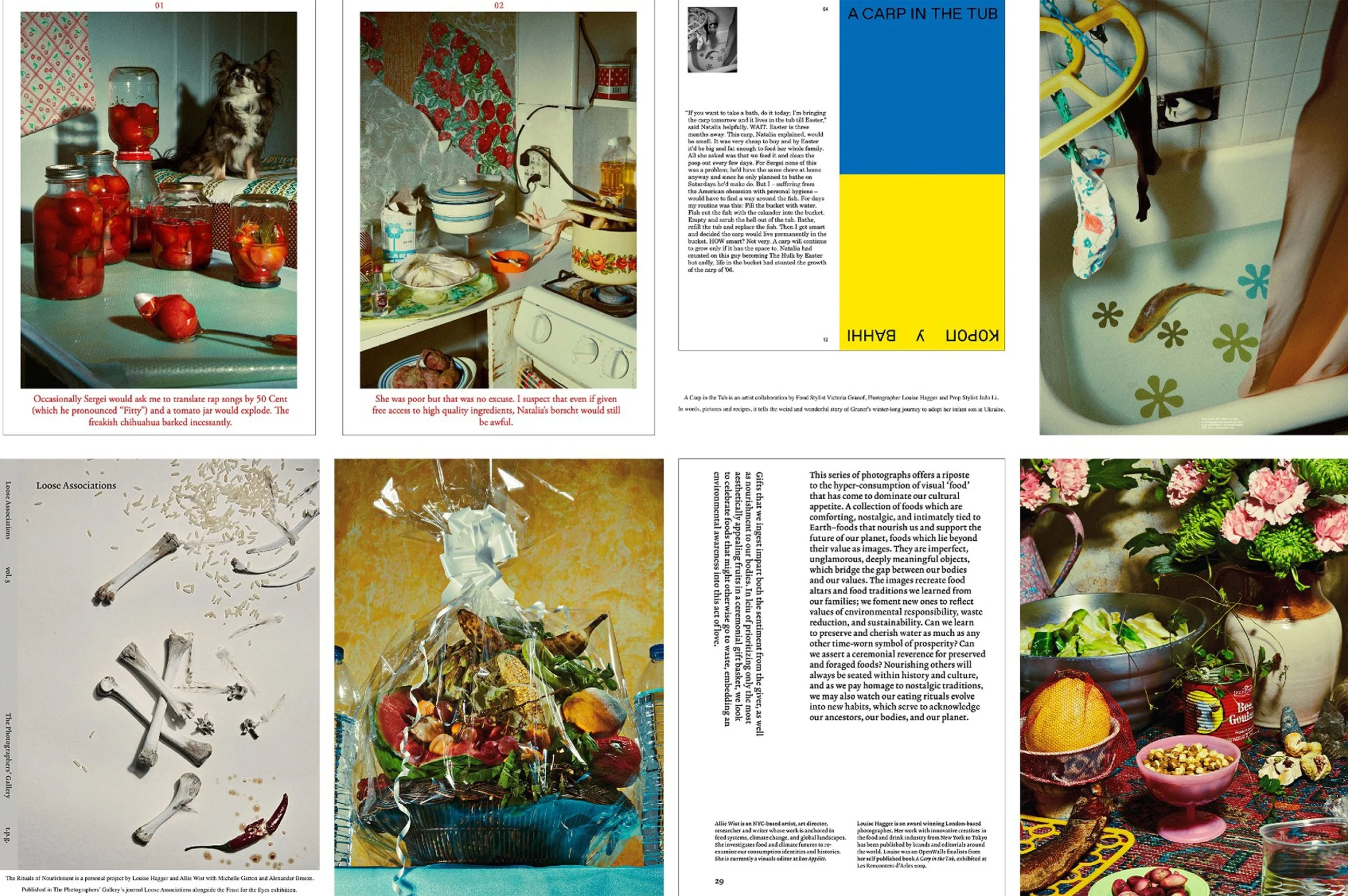 Collage of food-themed photography and magazine pages, including preserved tomatoes, a cat, a cluttered kitchen, a carp in a bathtub, scattered bones and rice, wrapped produce, and a colorful food still life.