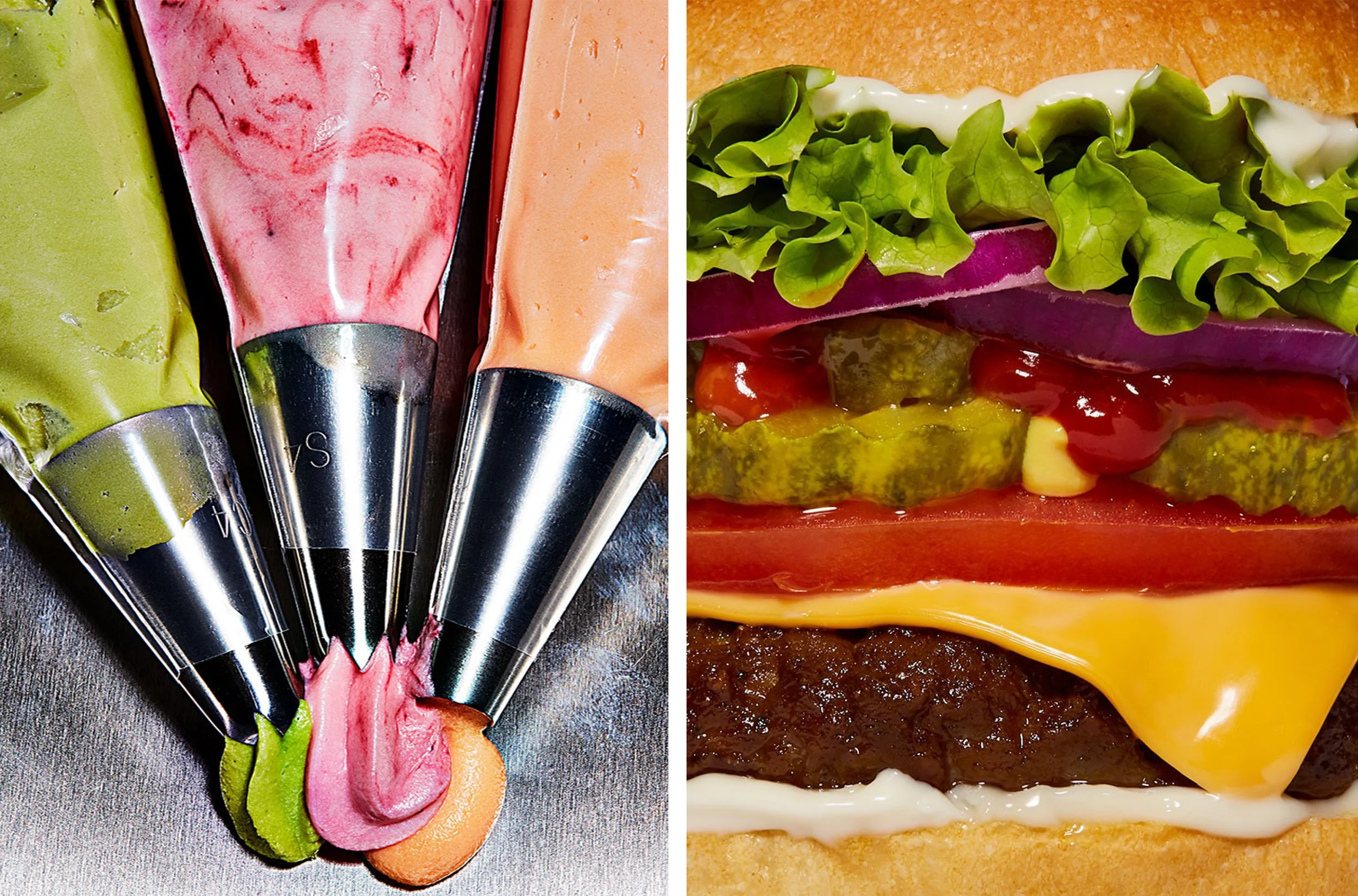 Close-up collage of colorful frosting piping bags beside a cheeseburger layered with lettuce, pickles, tomato, ketchup, mayonnaise, and melted cheese.
