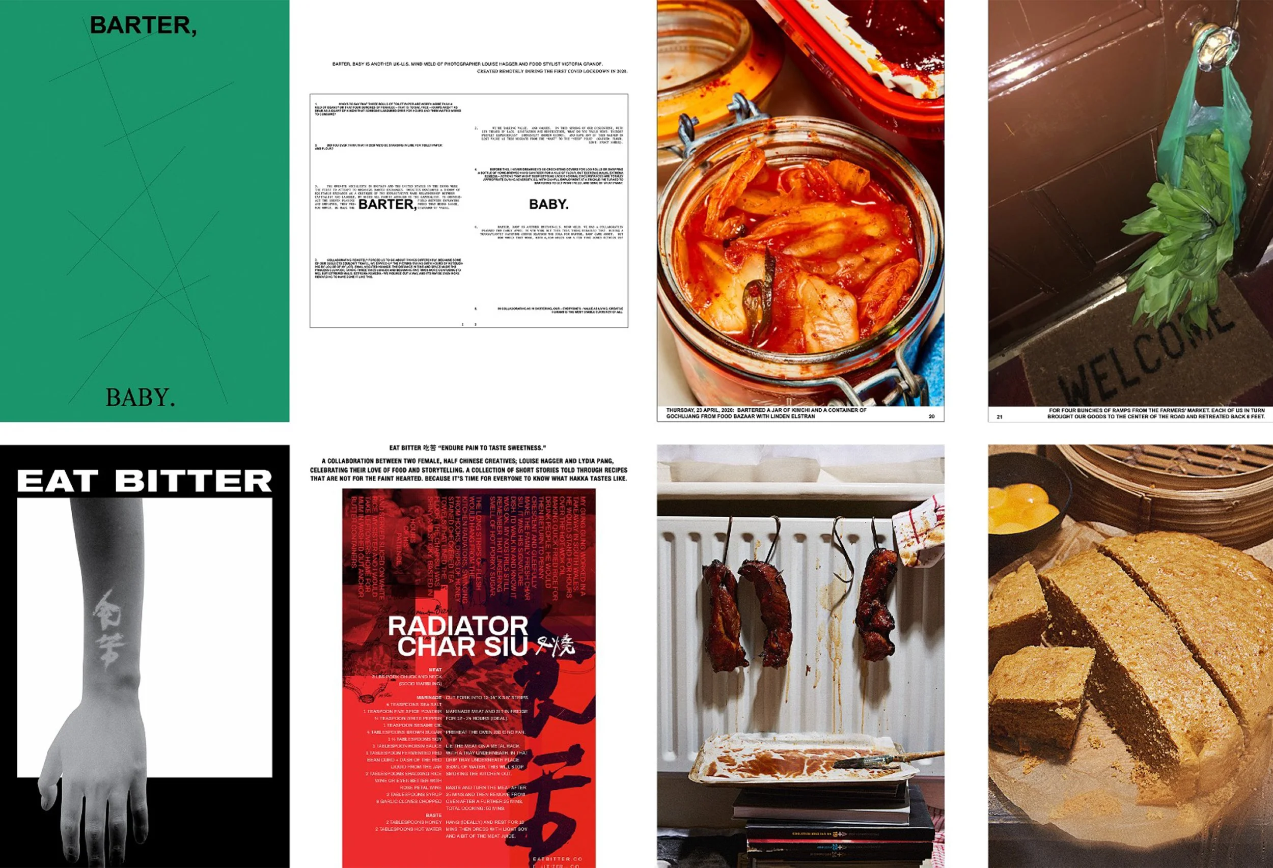 Collage of Eat Bitter magazine pages featuring Asian food photography, kimchi, char siu, recipes, market produce, and bold editorial graphics.