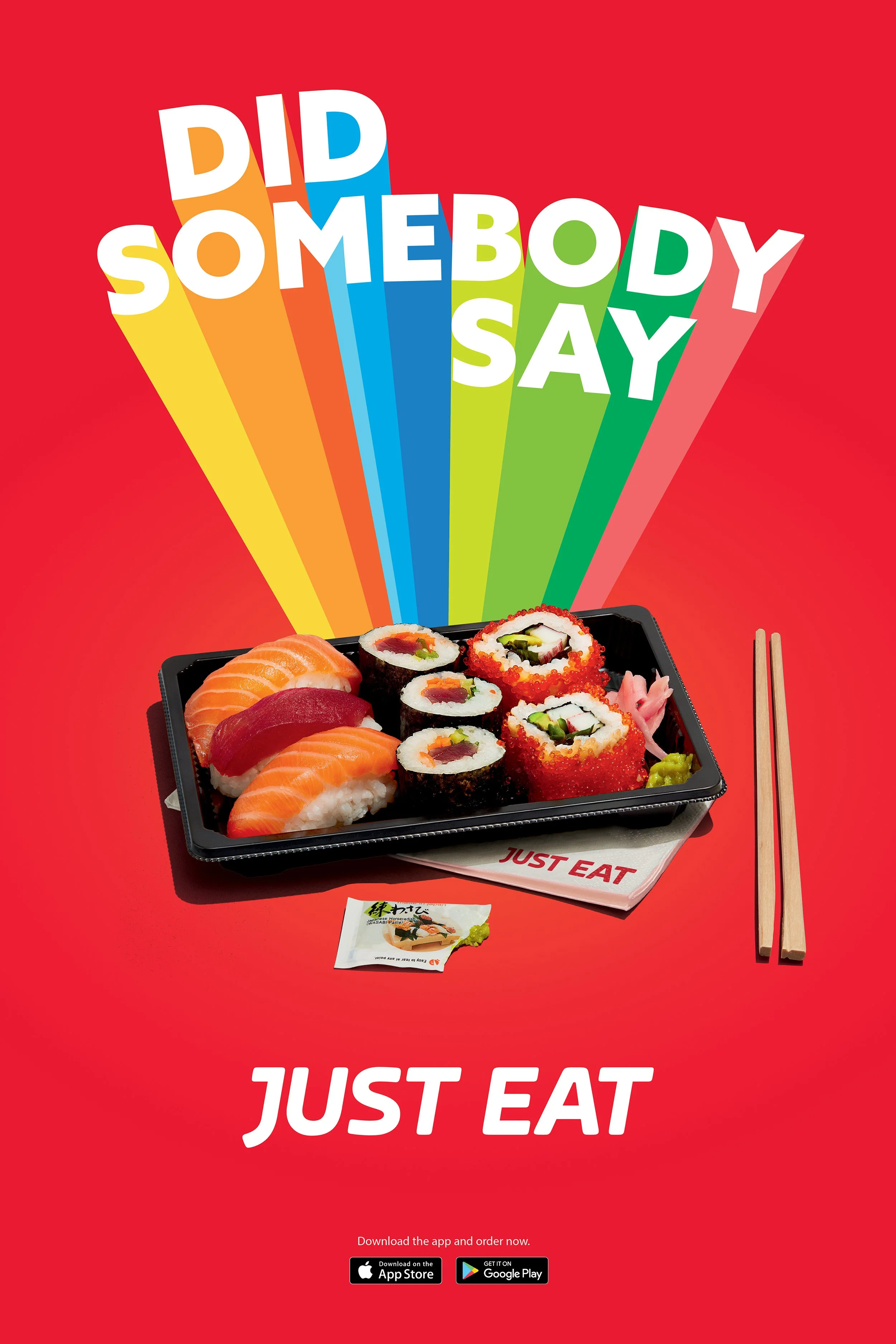 Colorful sushi platter with chopsticks and wasabi beneath a “VIP Somebody Say Just Eat” graphic on a red background