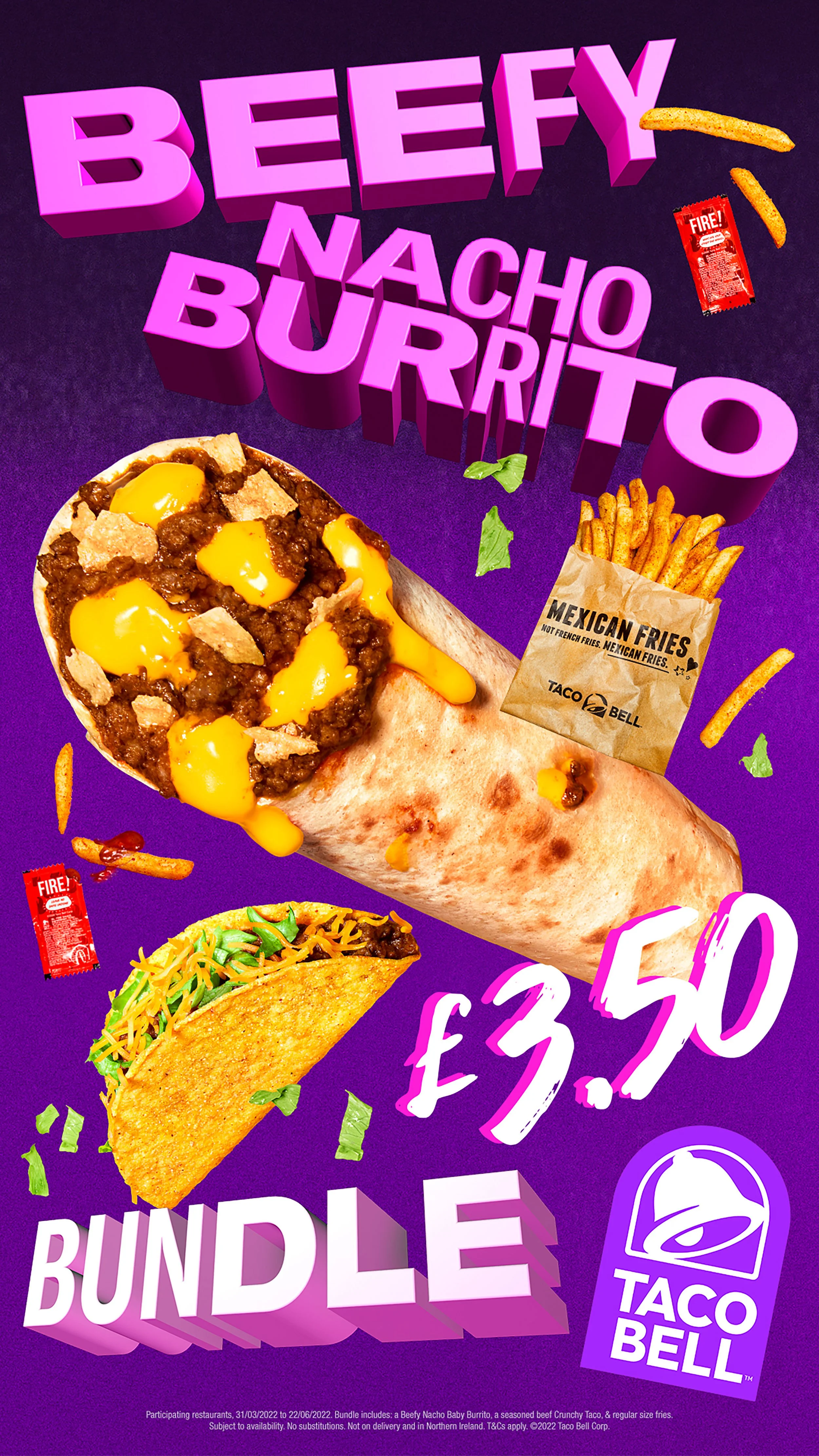 Taco Bell promotional graphic featuring a Beefy Nacho Burrito, seasoned beef crunchy taco, fries, nachos, and the text “BEEF NACHO BUNDLE.”