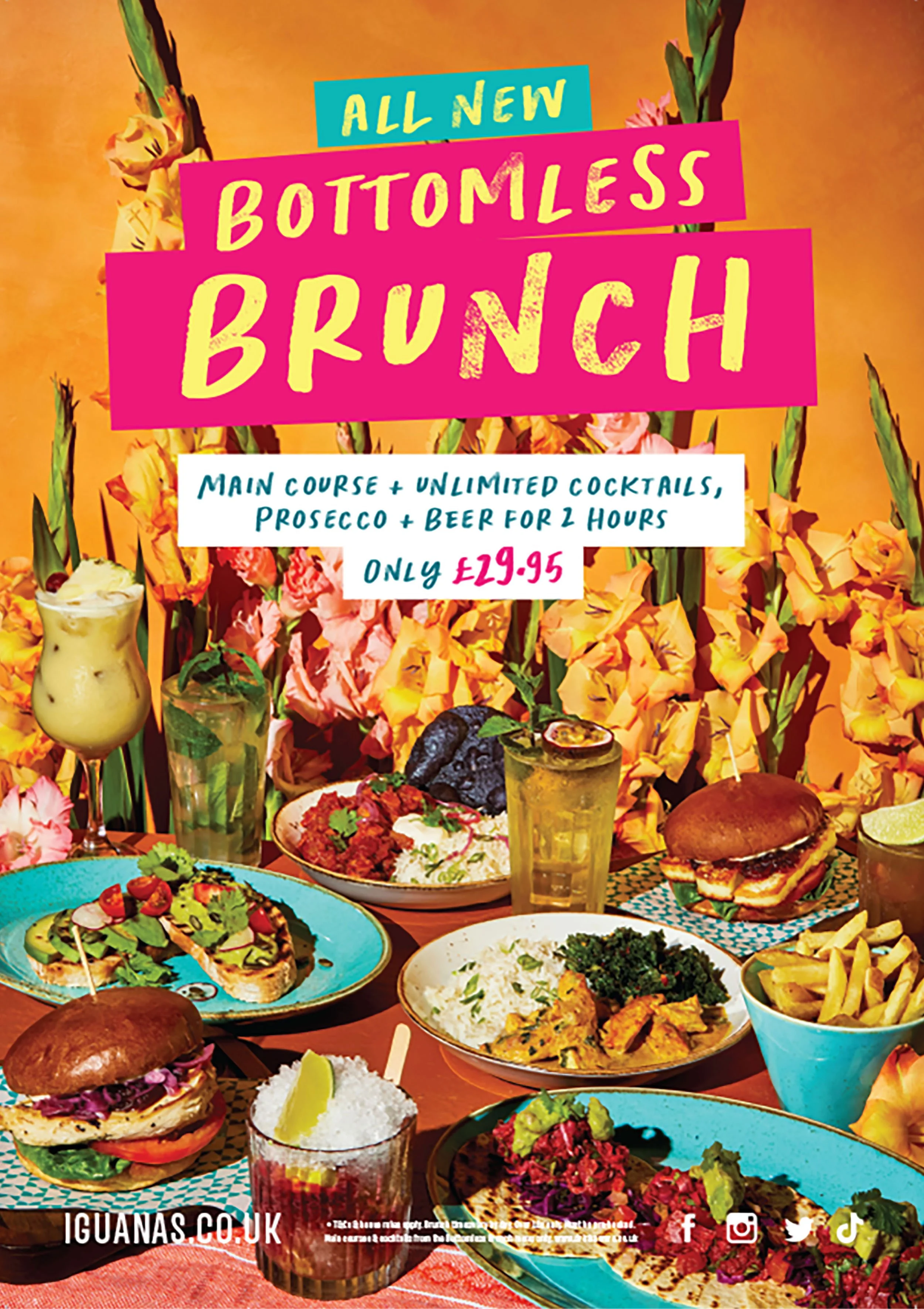 Colorful Iguanas restaurant advertisement featuring floral decor, assorted Latin American dishes, cocktails, and text promoting all-new bottomless brunch for £29.95.