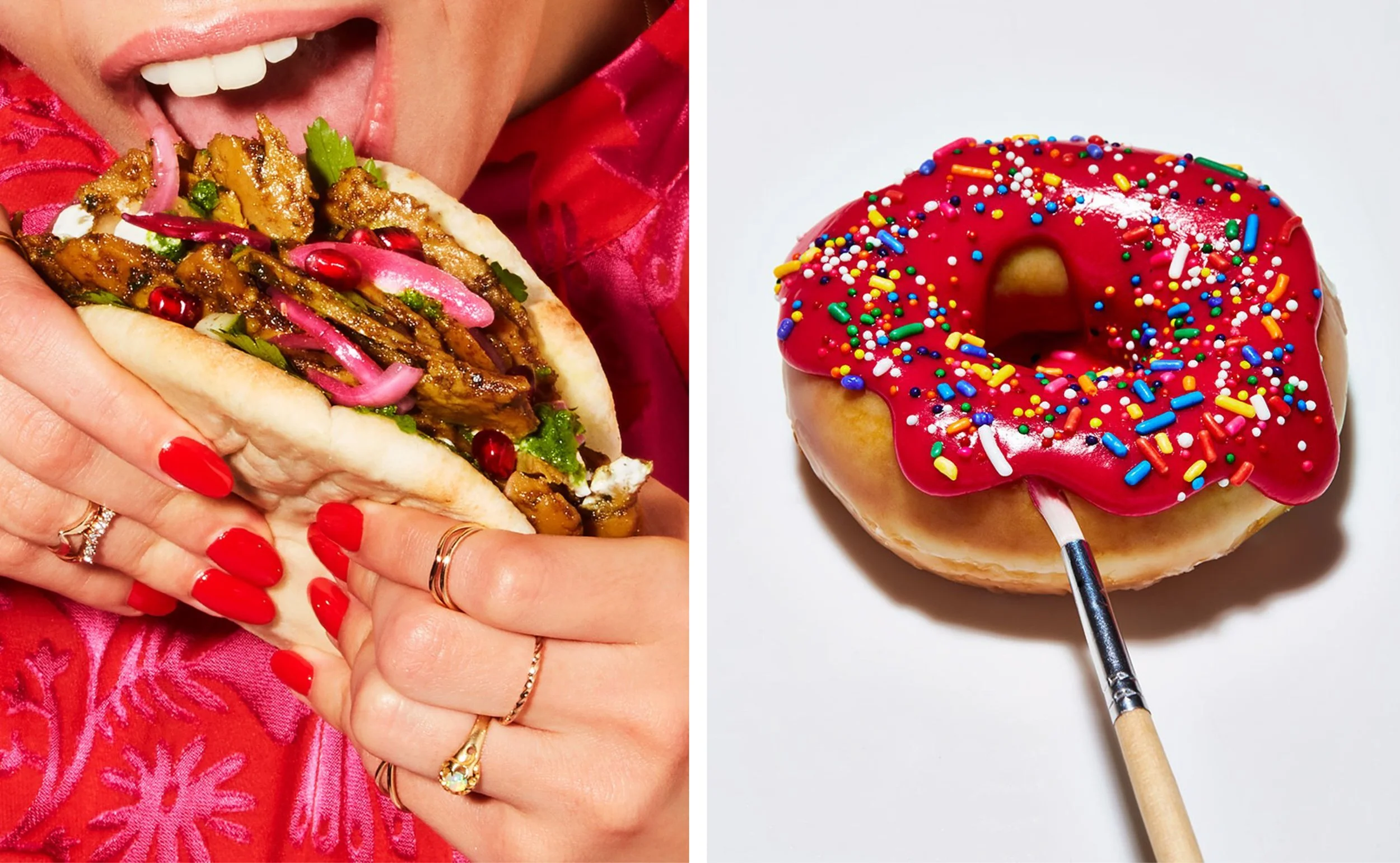 Split image of a loaded chicken pita wrap with pickled onions and herbs beside a red-glazed donut covered in colorful sprinkles