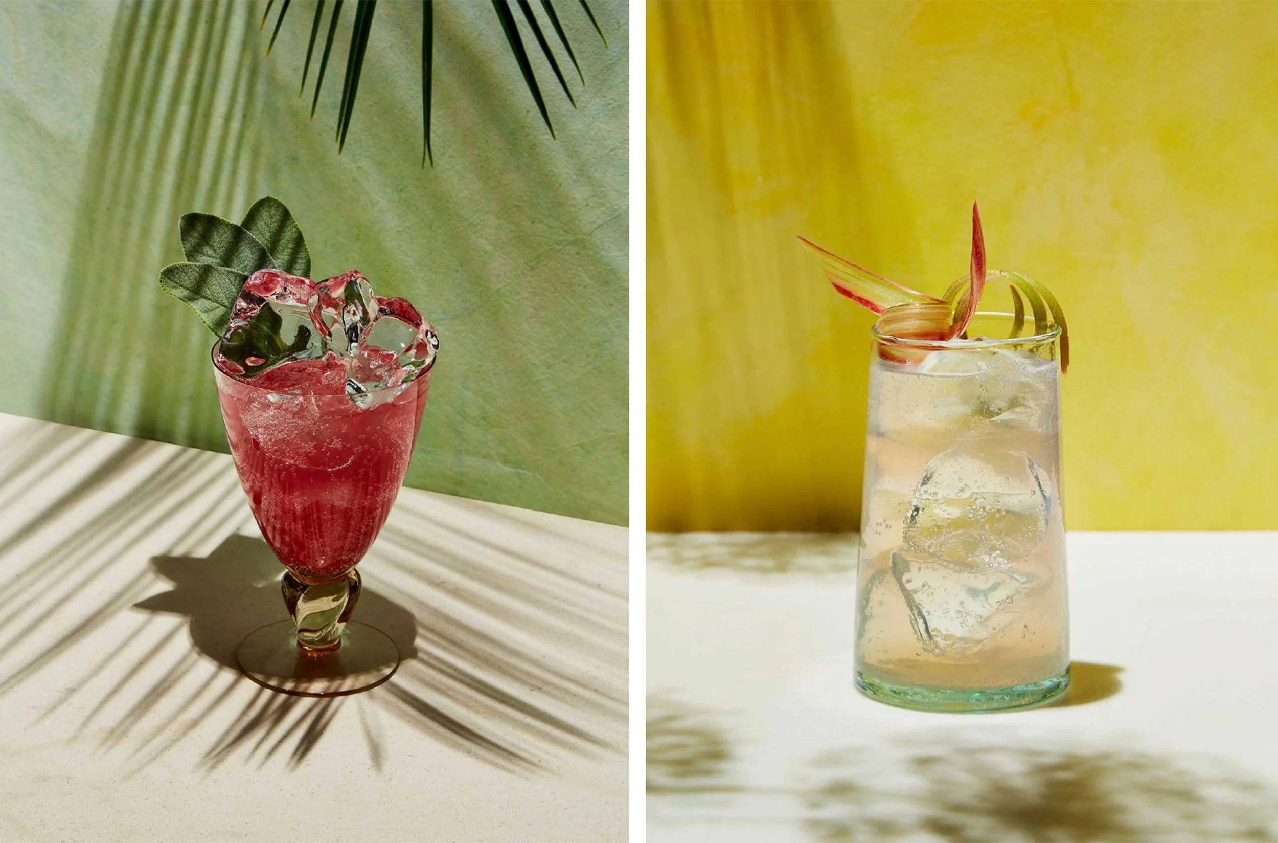 Two colorful cocktails with ice and tropical garnishes, one red in a stemmed glass and one clear in a tumbler.