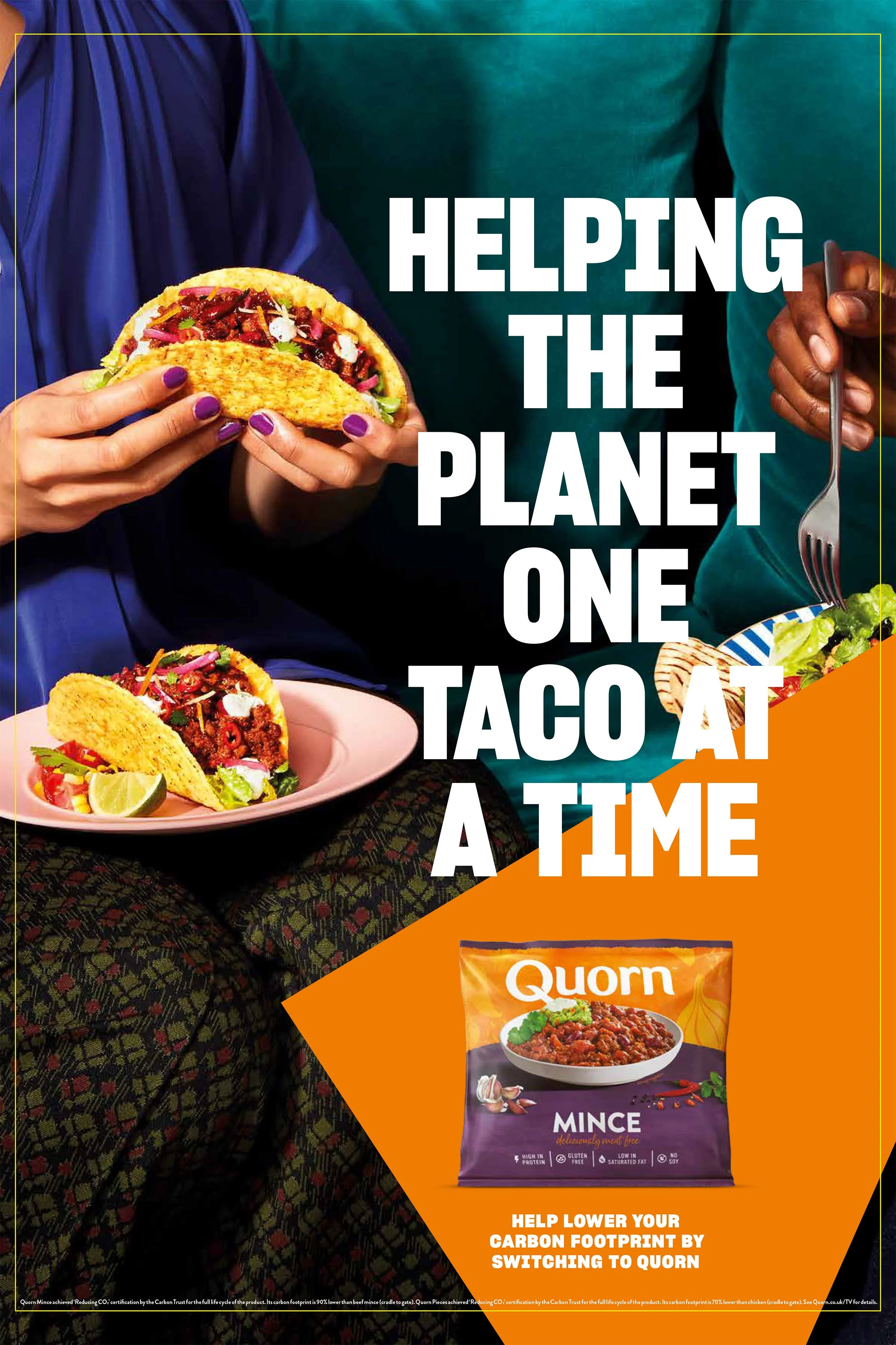 Quorn advertisement showing people holding tacos, a taco plate, and Quorn mince packaging with the message “Helping the planet one taco at a time.”