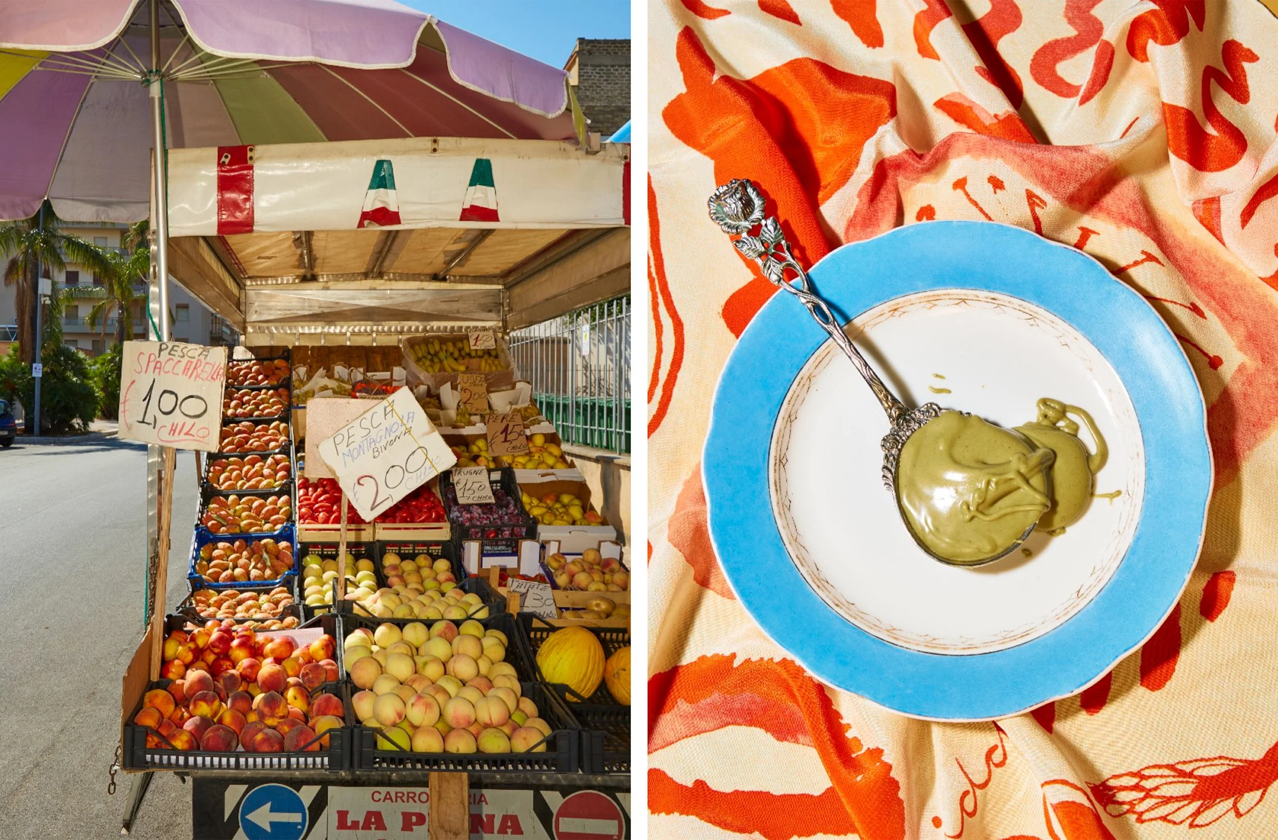 Italian fruit market stand beside a plate of green sauce with a silver spoon