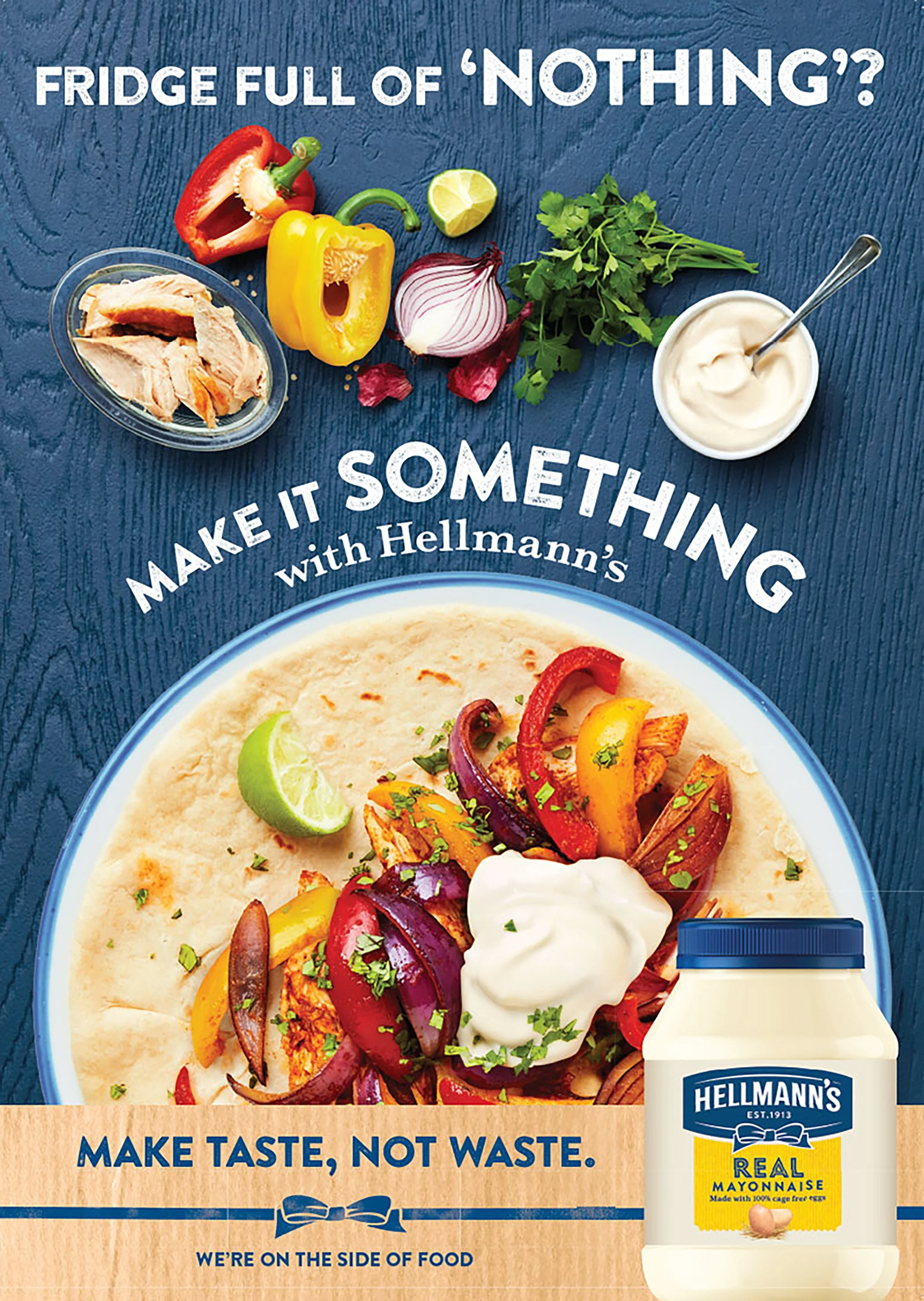 Hellmann’s food waste campaign featuring leftover chicken, bell peppers, lime, red onion, cilantro, mayonnaise, and a vegetable-filled tortilla wrap.