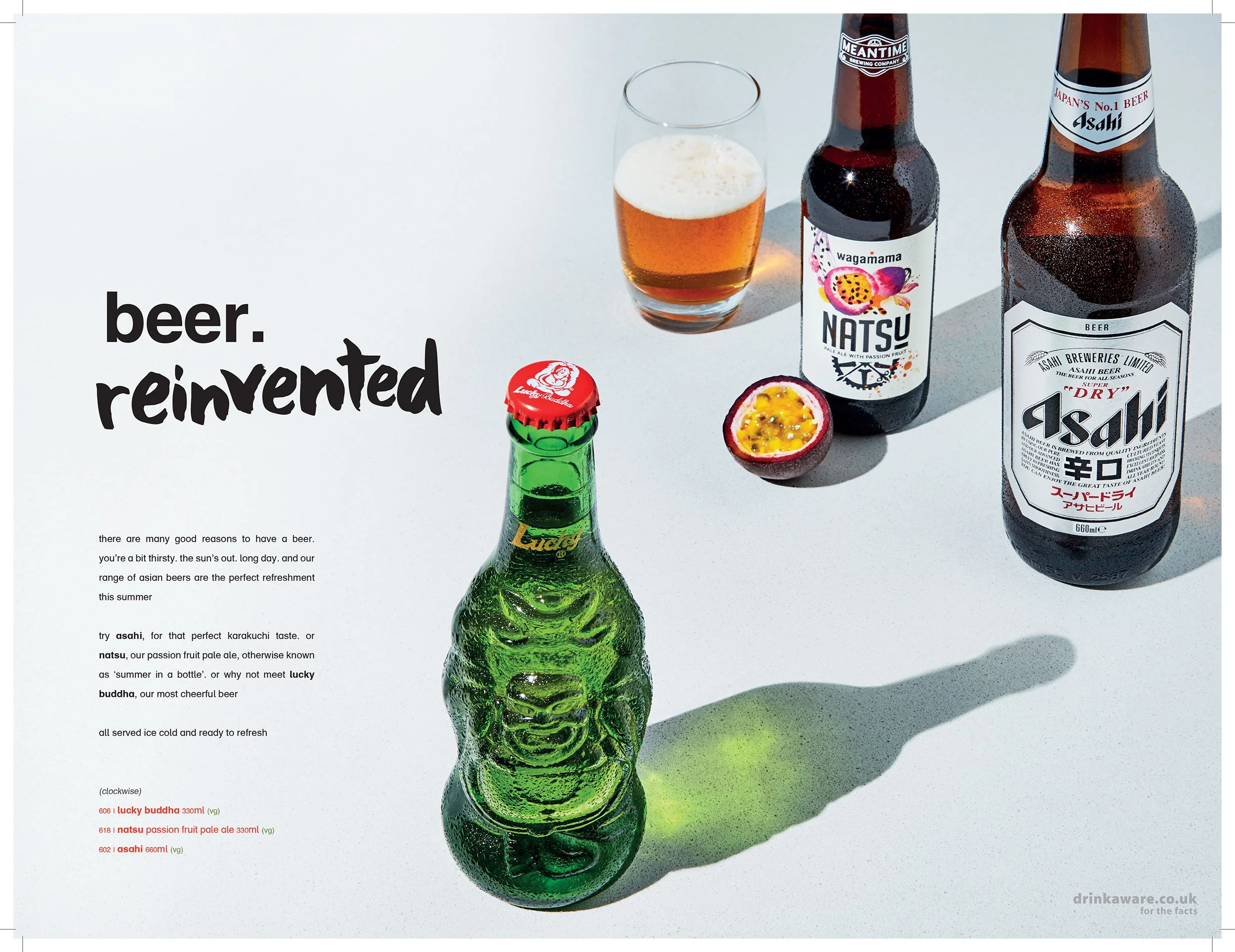 Beer advertisement featuring Lucky Buddha, Wagamama Natsu passion fruit pale ale, and Asahi beer bottles with a glass of beer and passion fruit.