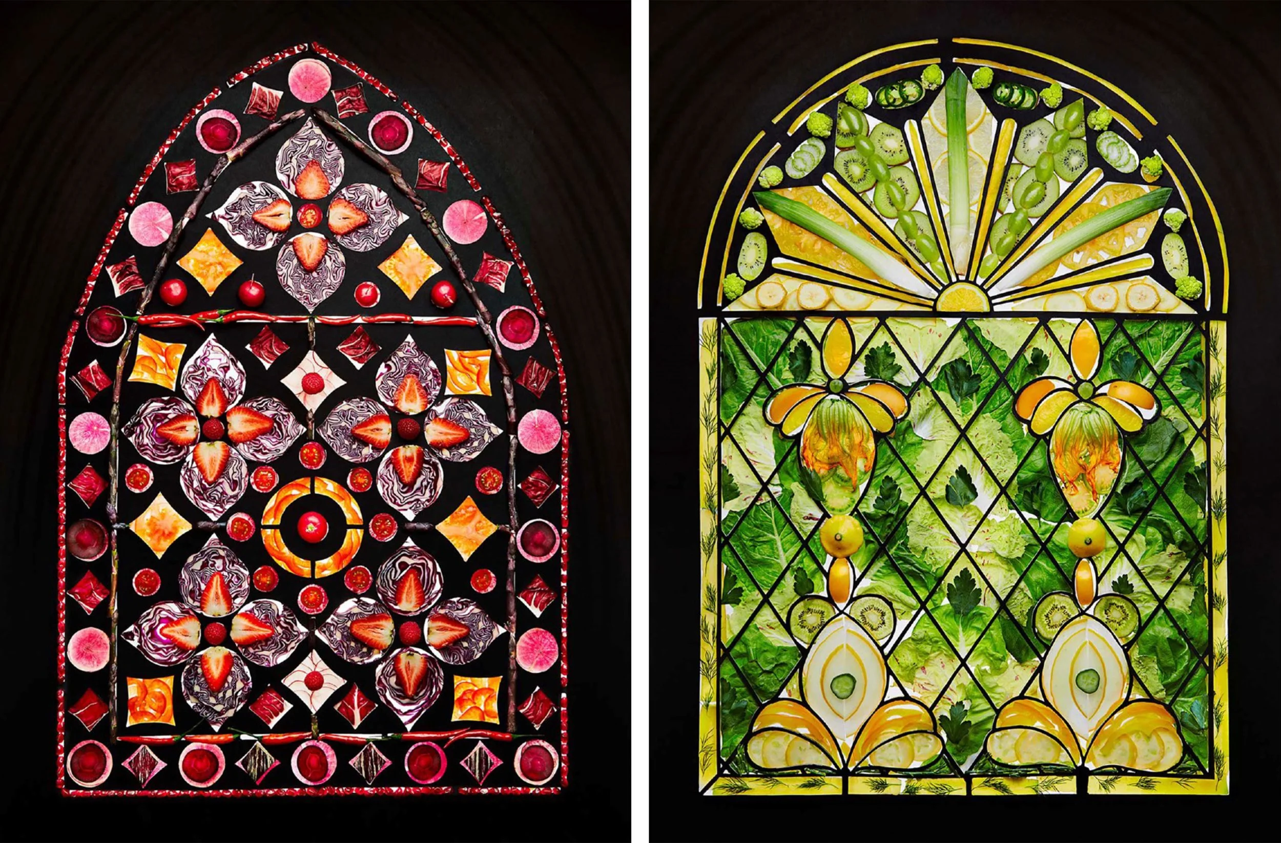 Two intricate geometric food mosaics made from sliced fruits and vegetables, displayed side by side on a black background.