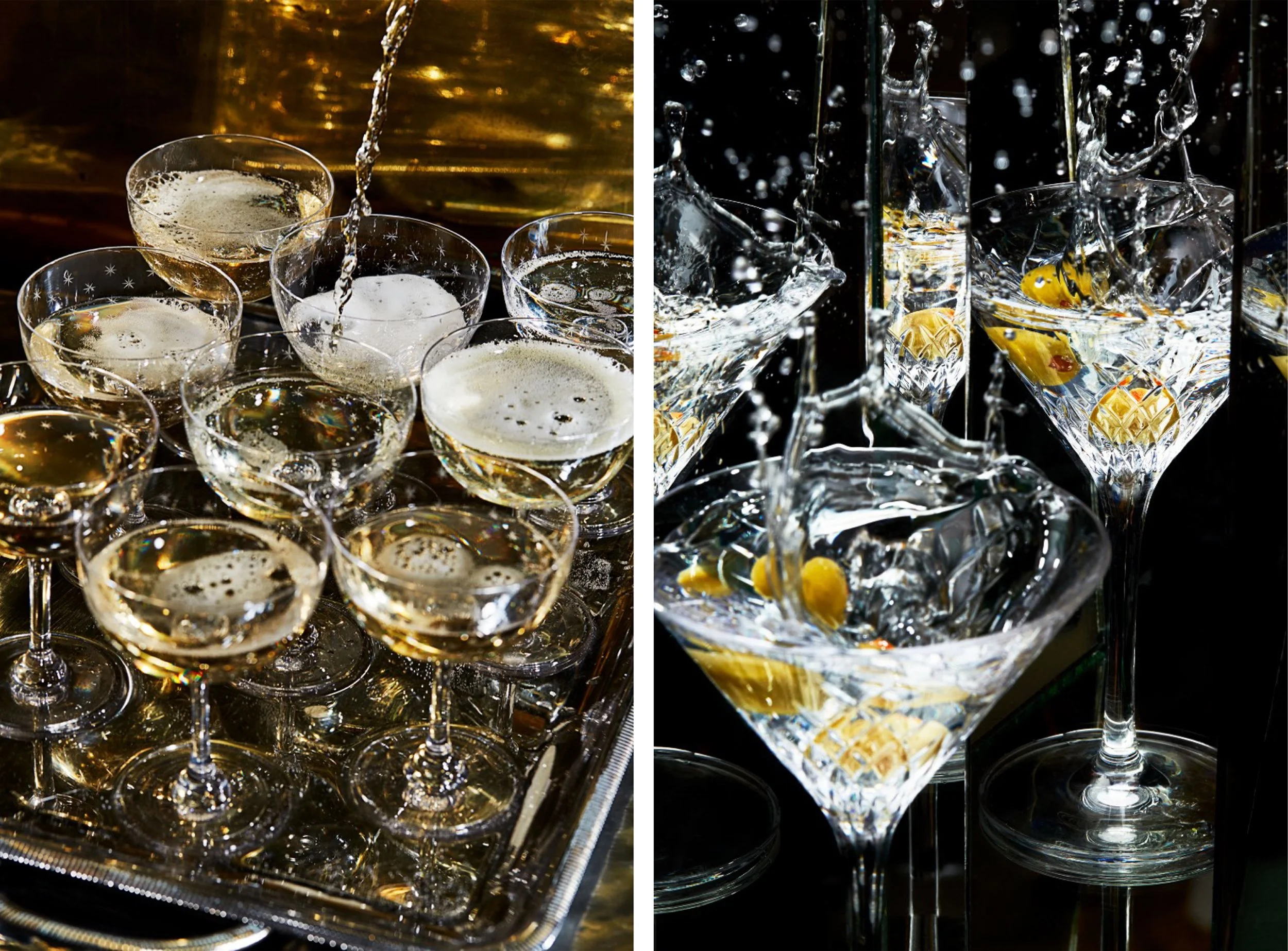 Champagne being poured into coupe glasses beside splashing martini glasses garnished with olives