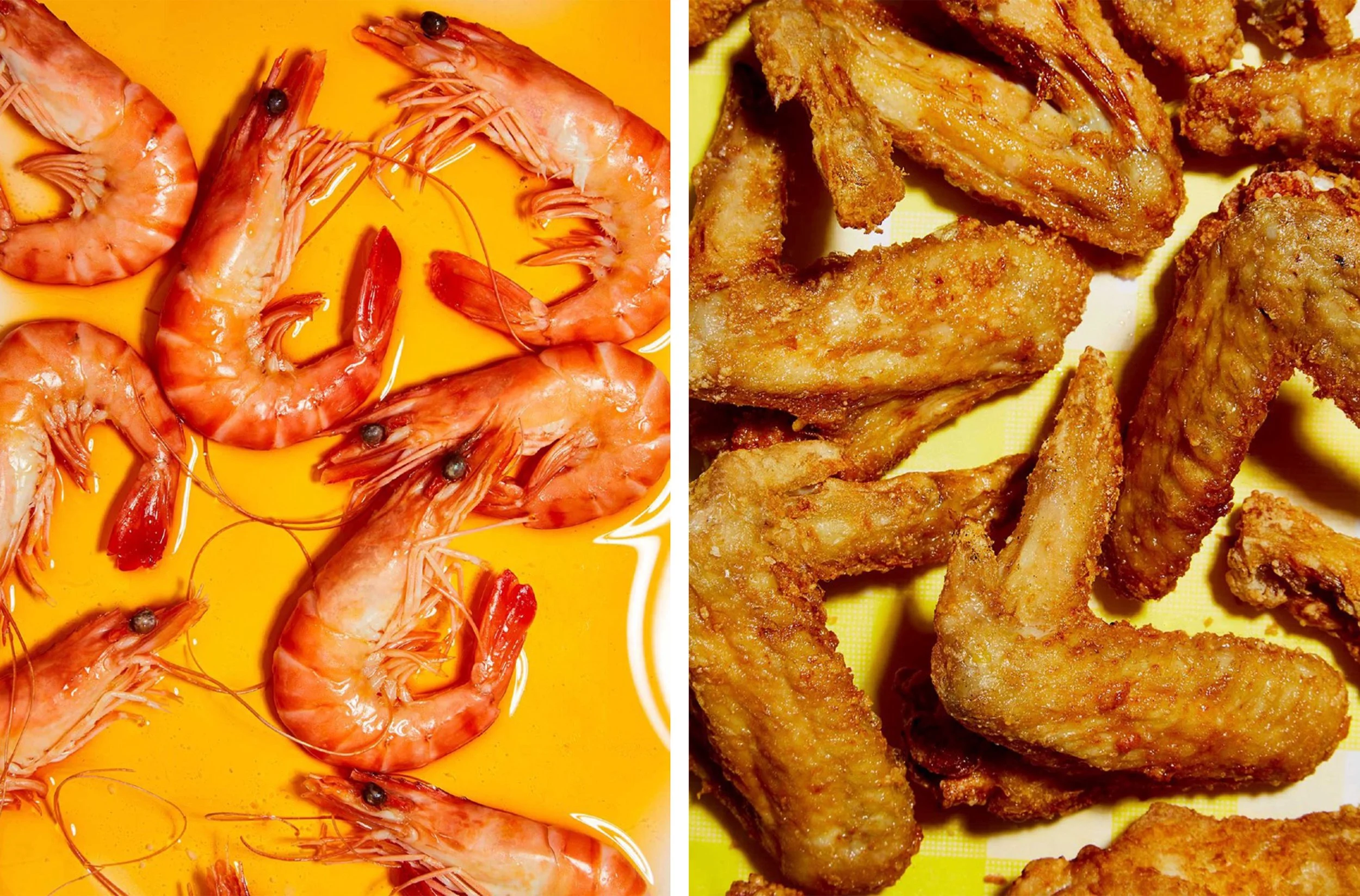 Split image showing raw shrimp on the left and crispy fried shrimp on the right