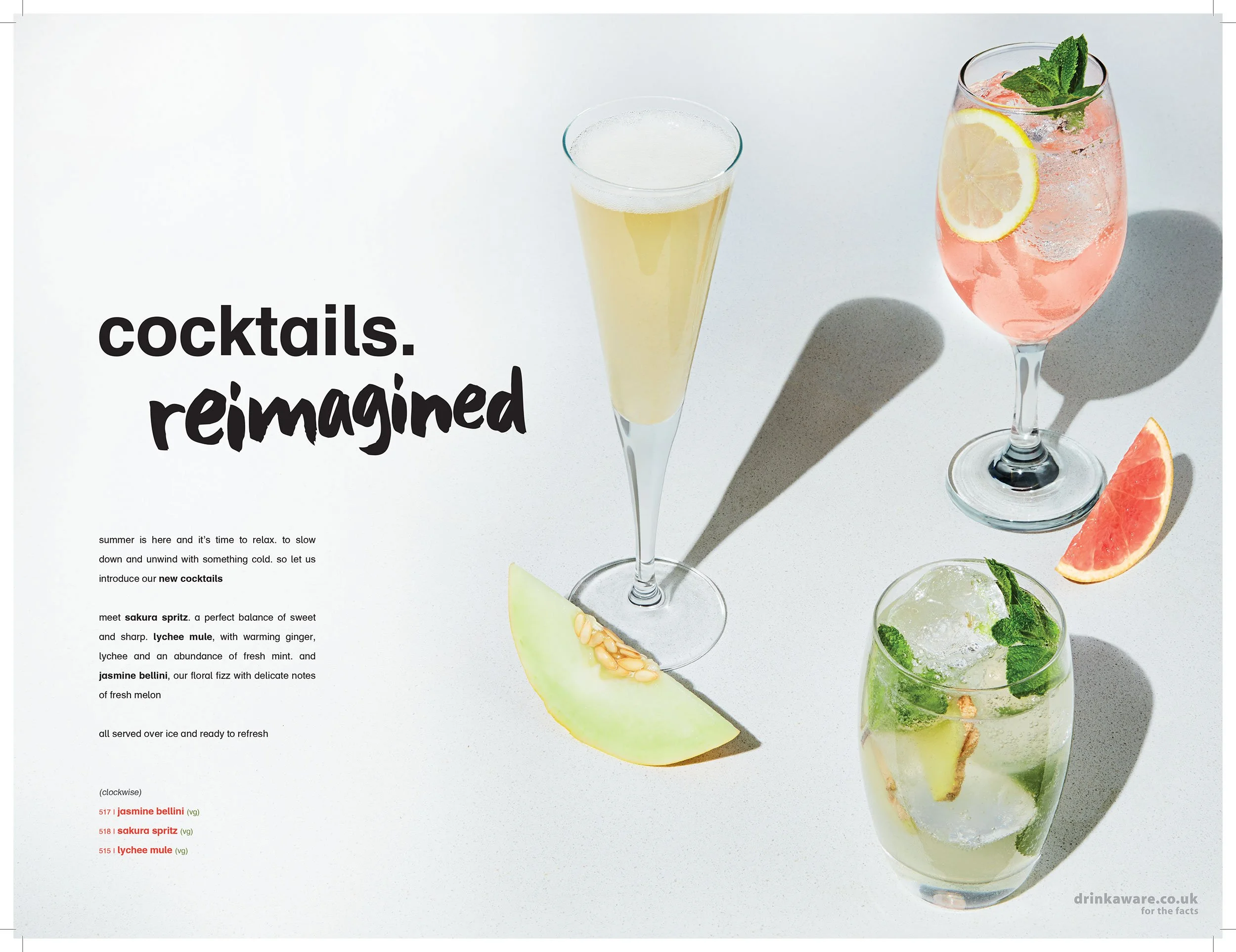 Cocktail menu featuring colorful iced drinks garnished with mint, lemon, grapefruit, and melon, with text introducing jasmine bellini, sakura spritz, and lychee mule cocktails.