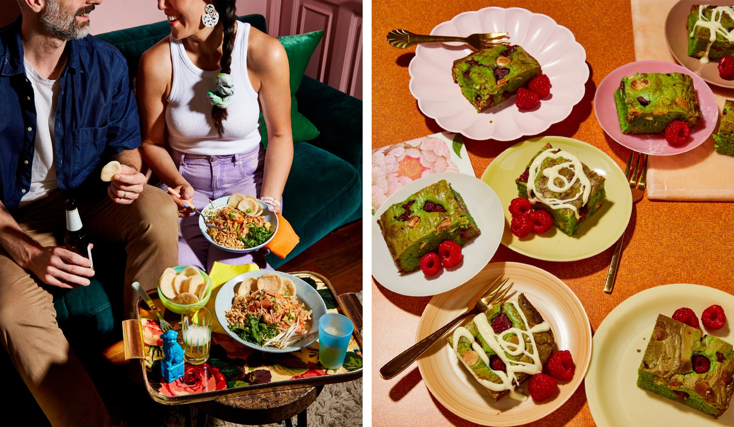 Couple enjoying a meal beside a table filled with green brownies, raspberries, salad, and snacks