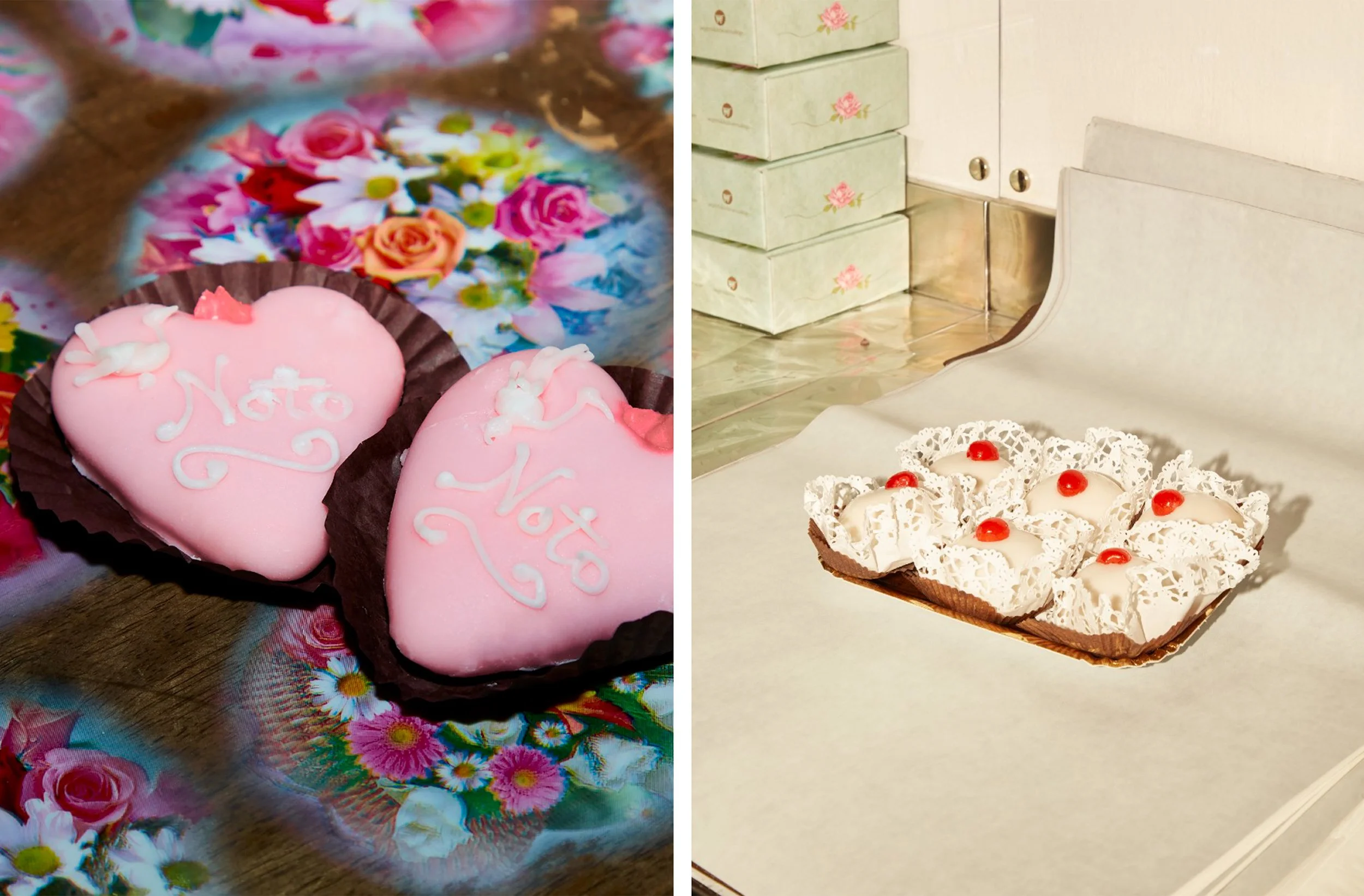 Collage of pink heart-shaped decorated cakes and white cherry-topped pastries in decorative wrappers