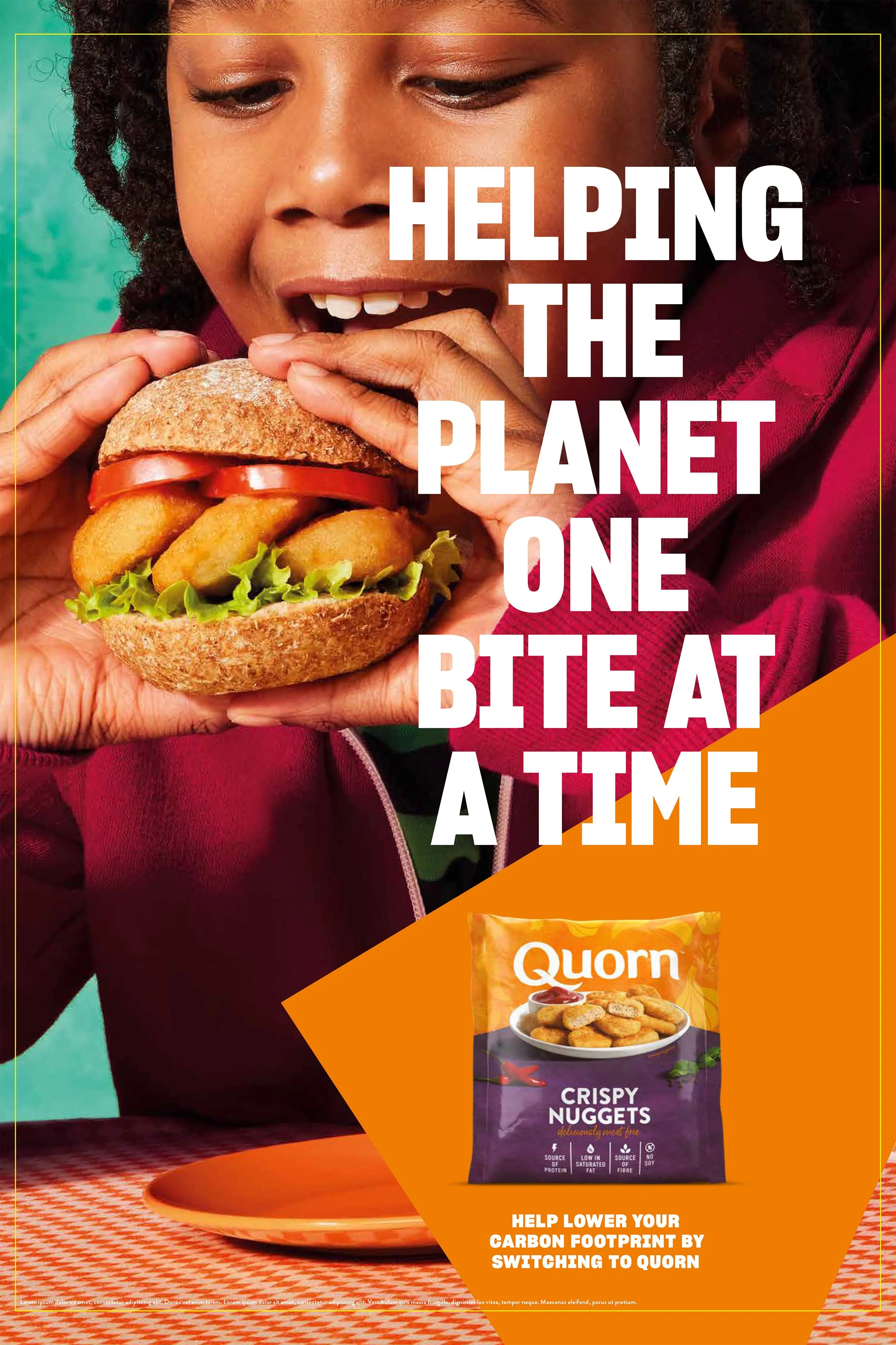 Promotional graphic showing a person eating a Quorn meat-free burger with text encouraging people to help lower their carbon footprint by switching to Quorn, alongside a package of Quorn Crispy Nuggets.