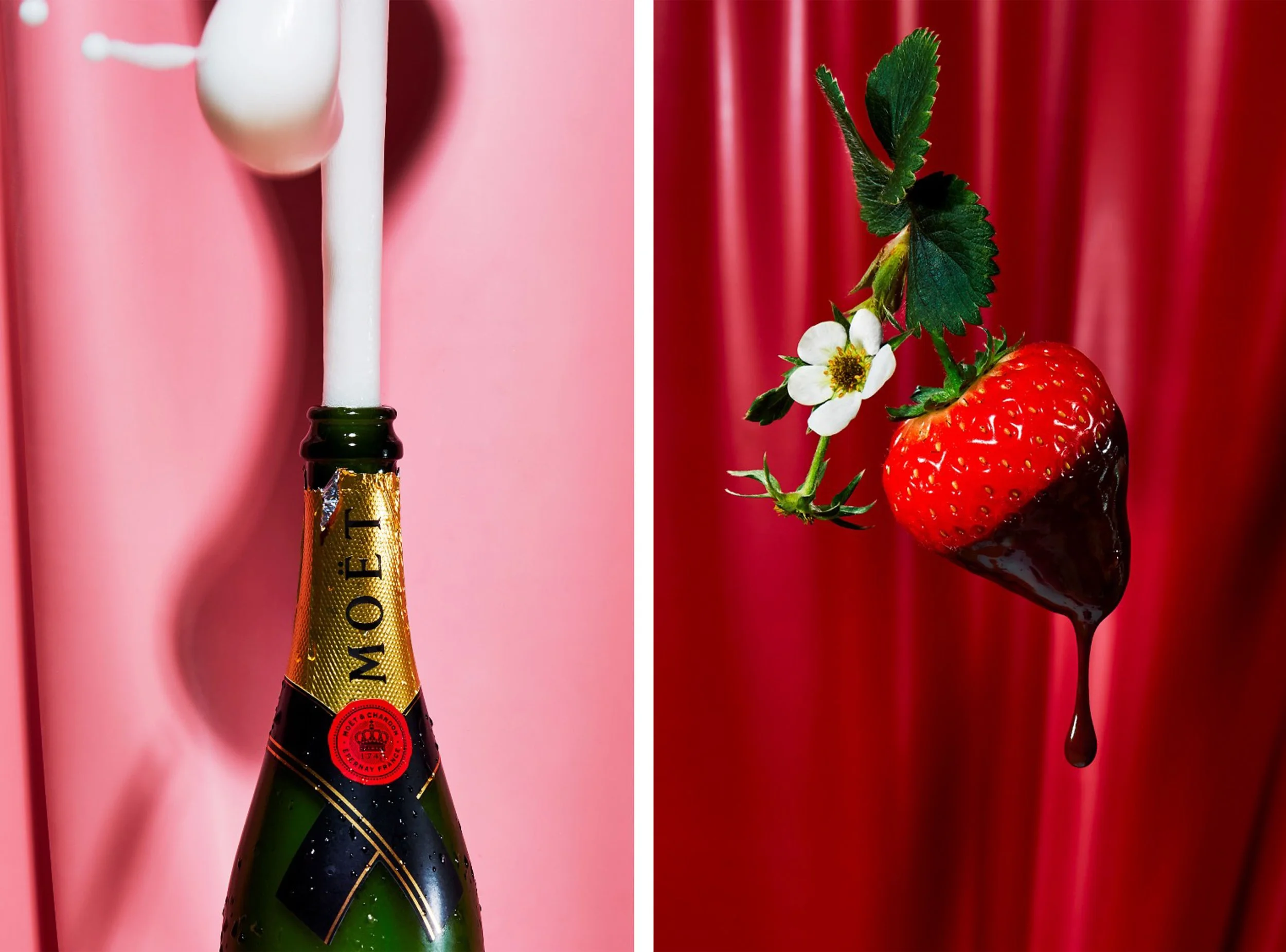 Split image of a champagne bottle with a white candle on a pink background and a chocolate-covered strawberry with leaves and flower on a red background