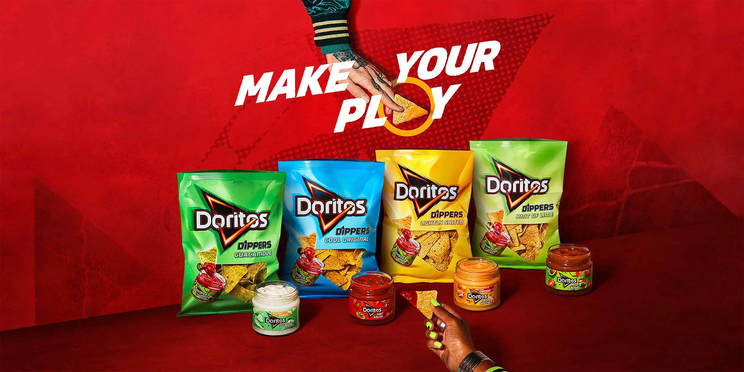 Doritos Dippers chip bags and dips displayed against a red background with the slogan “Make Your Play.”