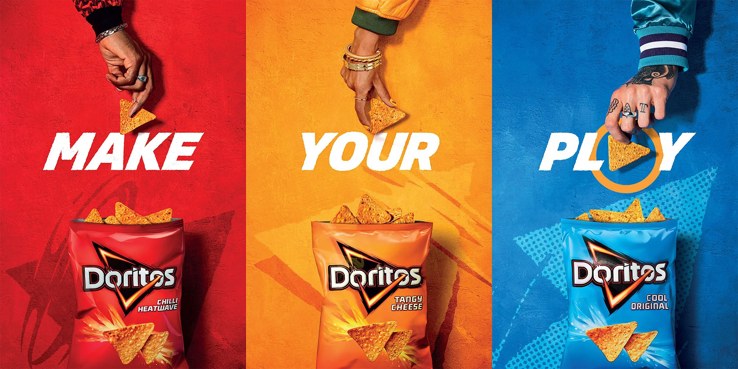 DORITOS ad featuring hands holding chips above three bags labeled “MAKE YOUR PLAY” in red, orange, and blue panels