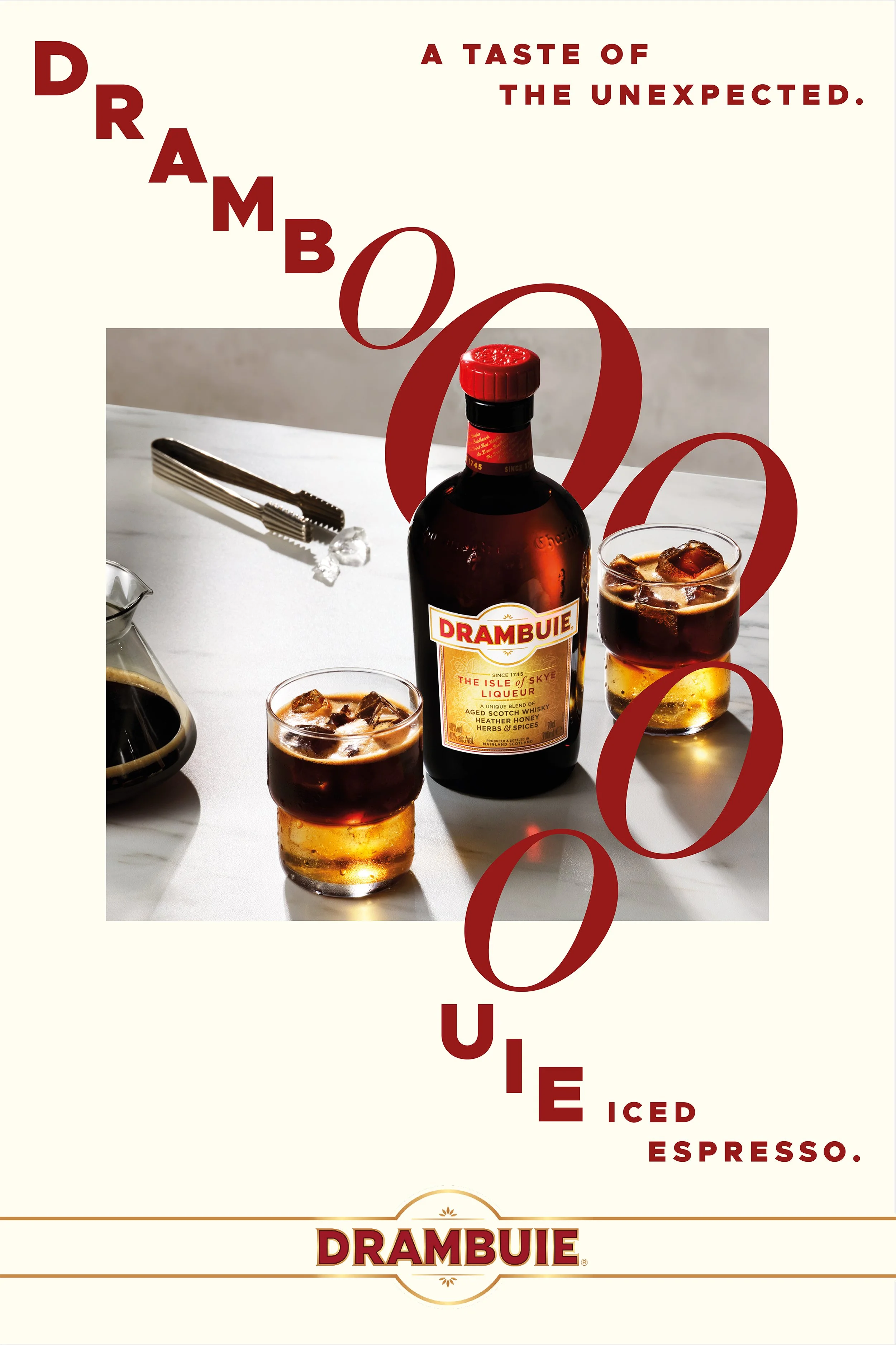 Drambuie liqueur bottle and iced espresso cocktails with the text “A Taste of the Unexpected” and “Iced Espresso.”