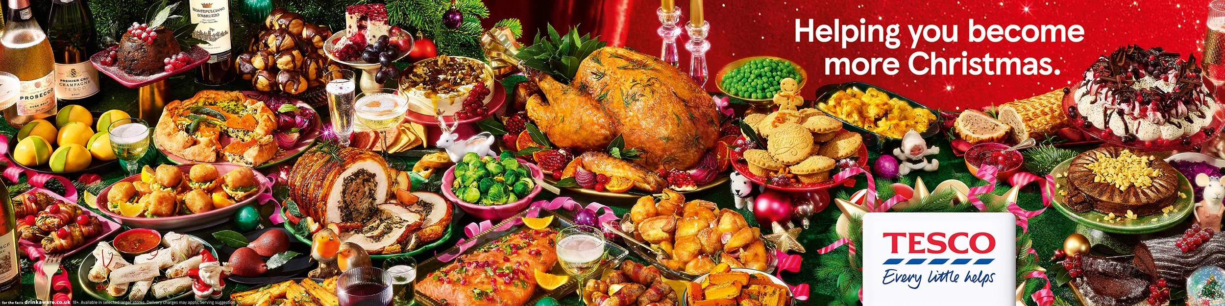 Tesco Christmas food advertisement featuring roast turkey, festive dishes, desserts, wine, decorations, and the slogan “Helping you become more Christmas.”