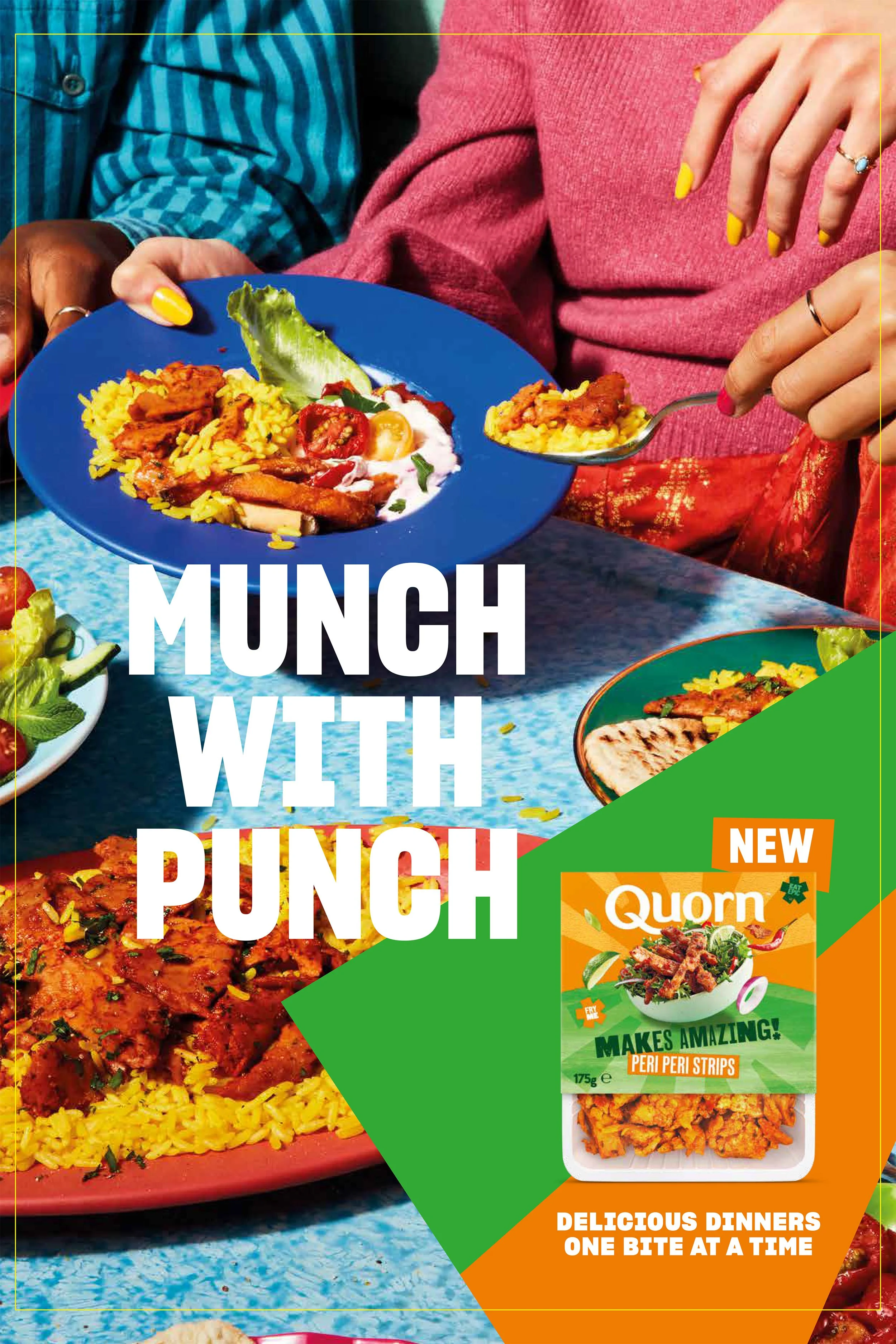 Woman holding a blue plate of peri-peri chicken, yellow rice, salad, and naan, with a Quorn peri-peri strips package and “MUNCH WITH PUNCH” promotional text.