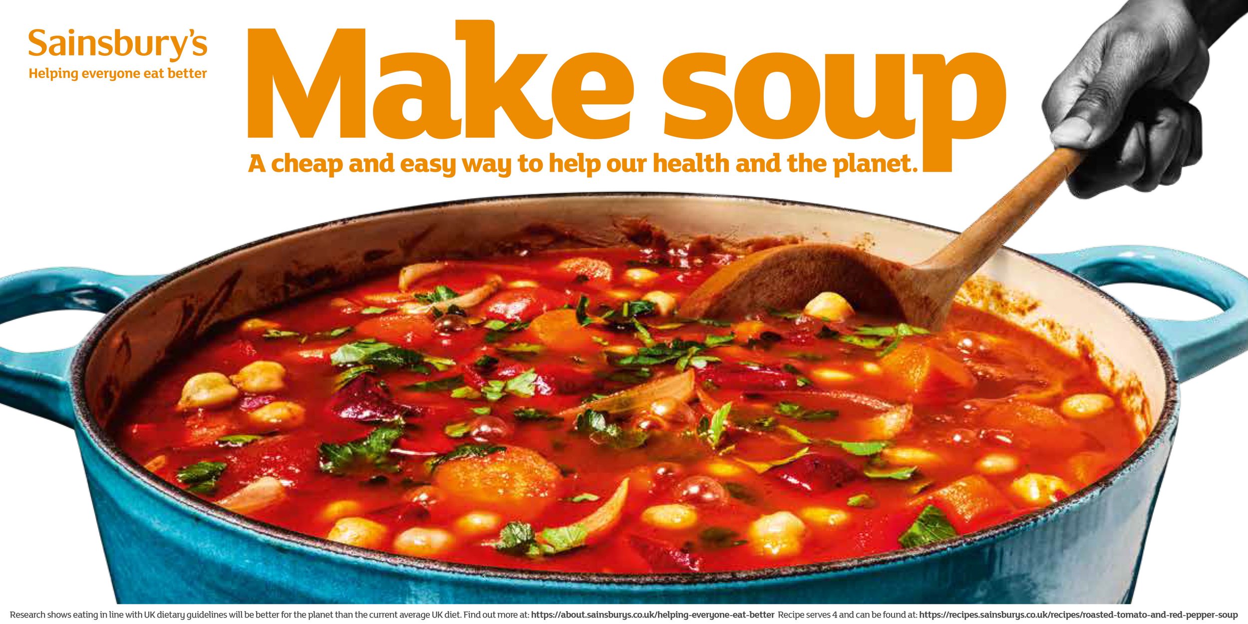 Sainsbury’s “Make soup” campaign featuring a colorful roasted tomato and red pepper soup with chickpeas and herbs in a blue pot.