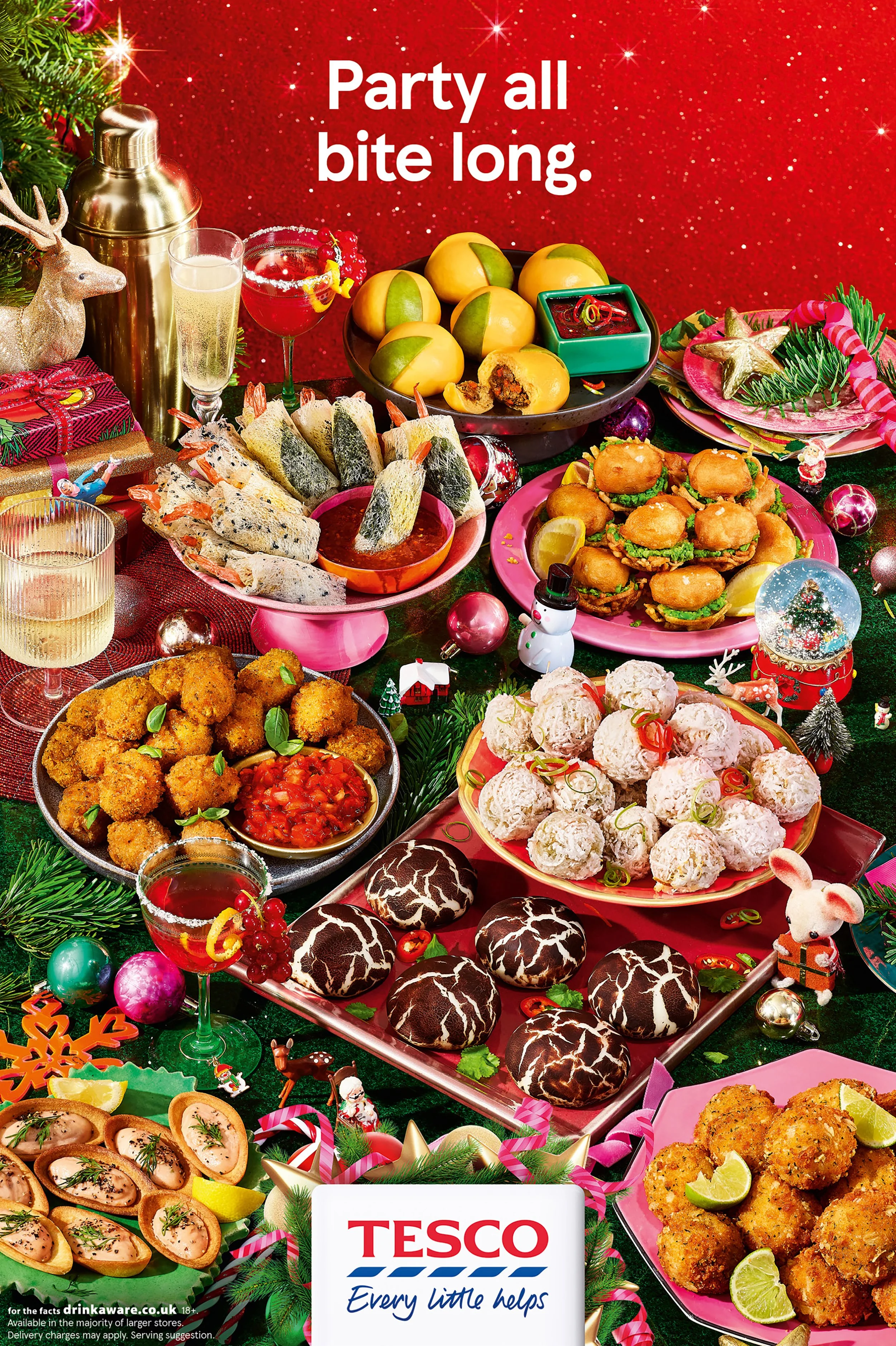 Festive Tesco holiday party spread with cocktails, appetizers, burgers, desserts, Christmas decorations, and “Party all bite long” text.