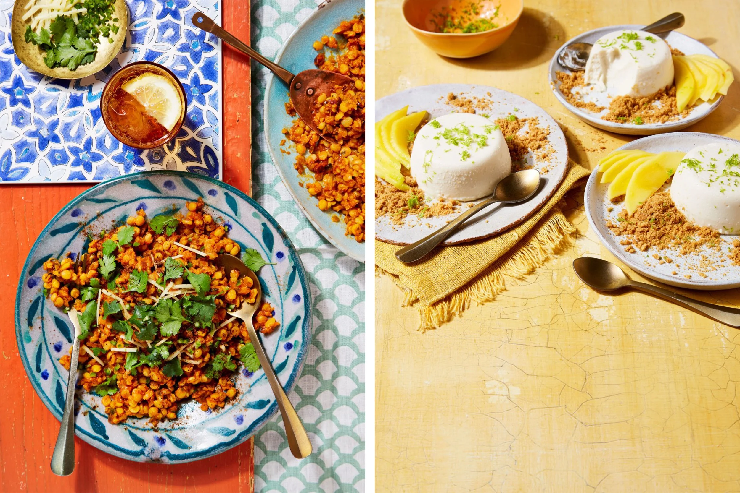 Overhead food spread featuring spiced chickpeas with cilantro, lemon drink, soup, and mango-topped coconut desserts with crumb topping.