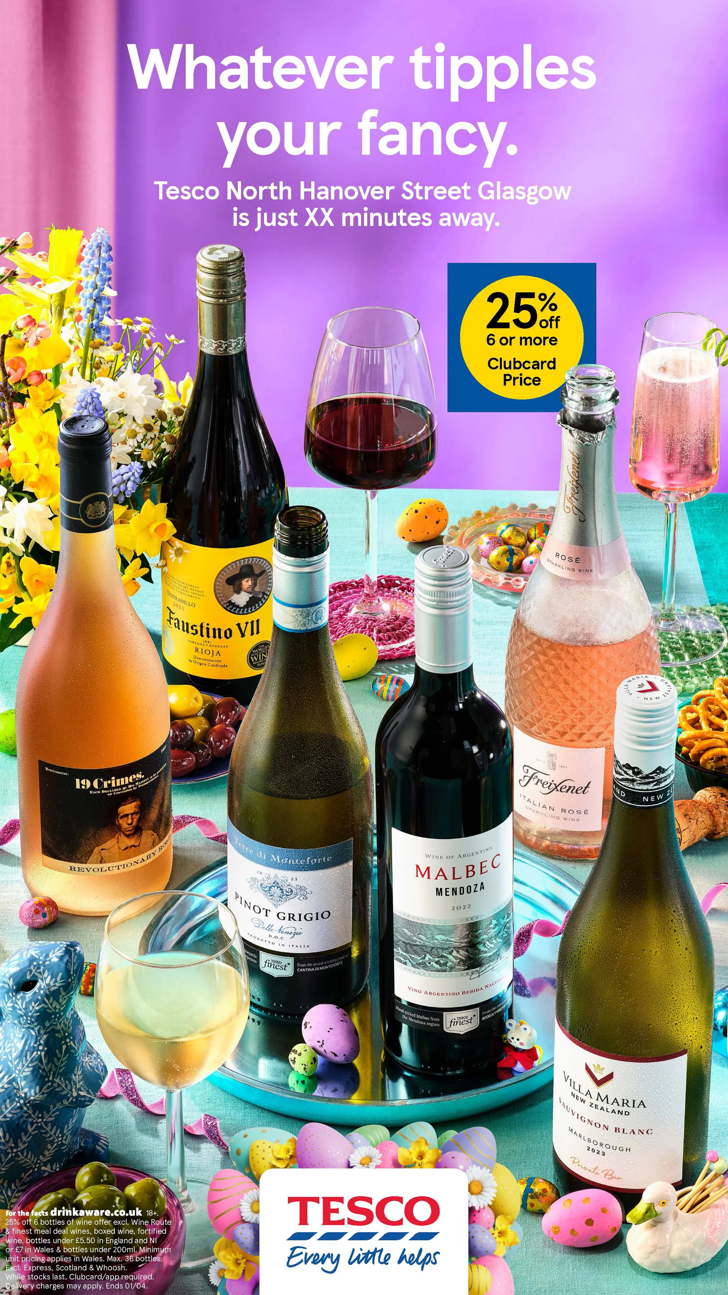 Tesco wine advertisement featuring assorted wine and sparkling wine bottles, filled glasses, flowers, and Easter eggs, with 25% off six or more bottles using a Clubcard.