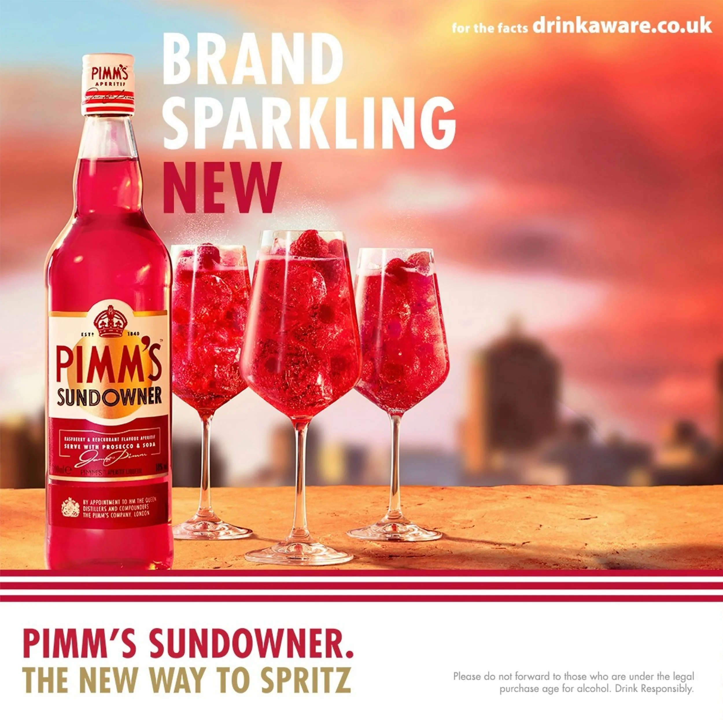 Pimm’s Sundowner raspberry and pomegranate aperitif bottle beside three berry-filled sparkling cocktails, with “Brand New” promotional text.