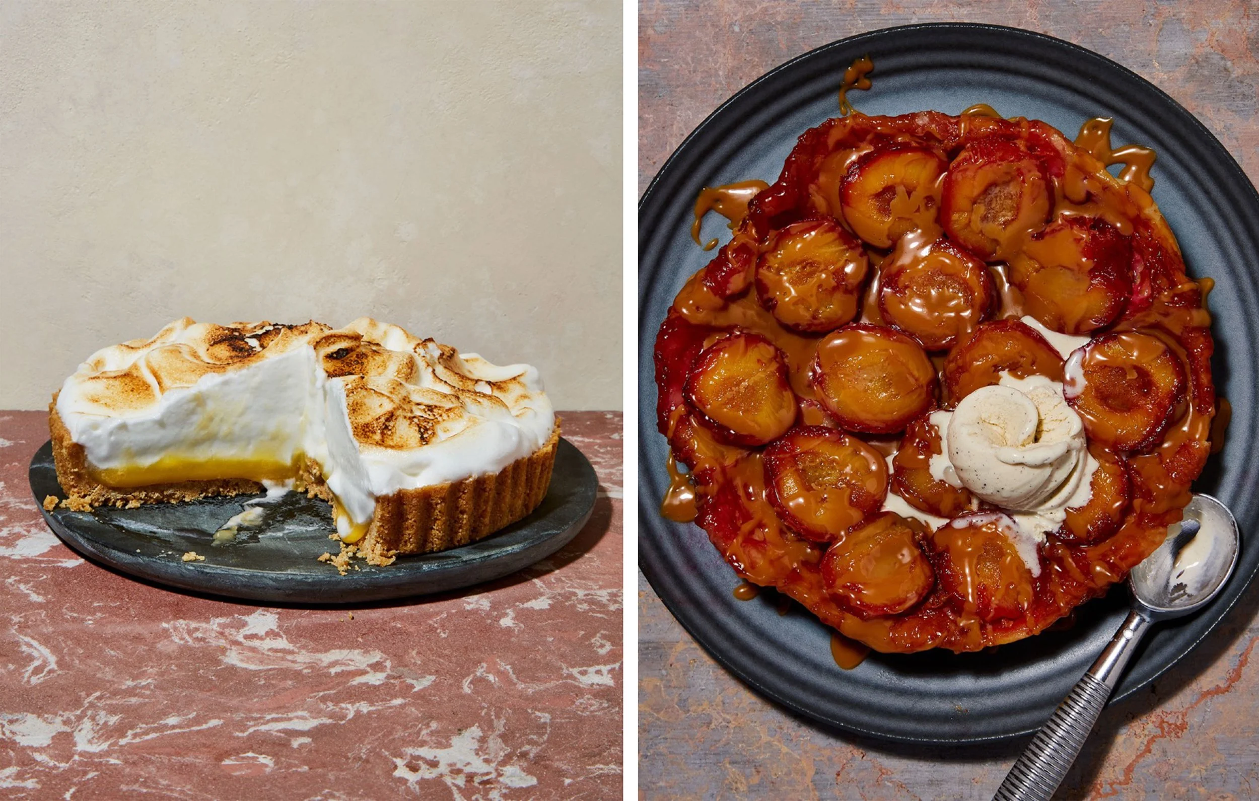 Two desserts: a toasted marshmallow-topped lemon tart and a caramel-drizzled upside-down peach tart with whipped cream.