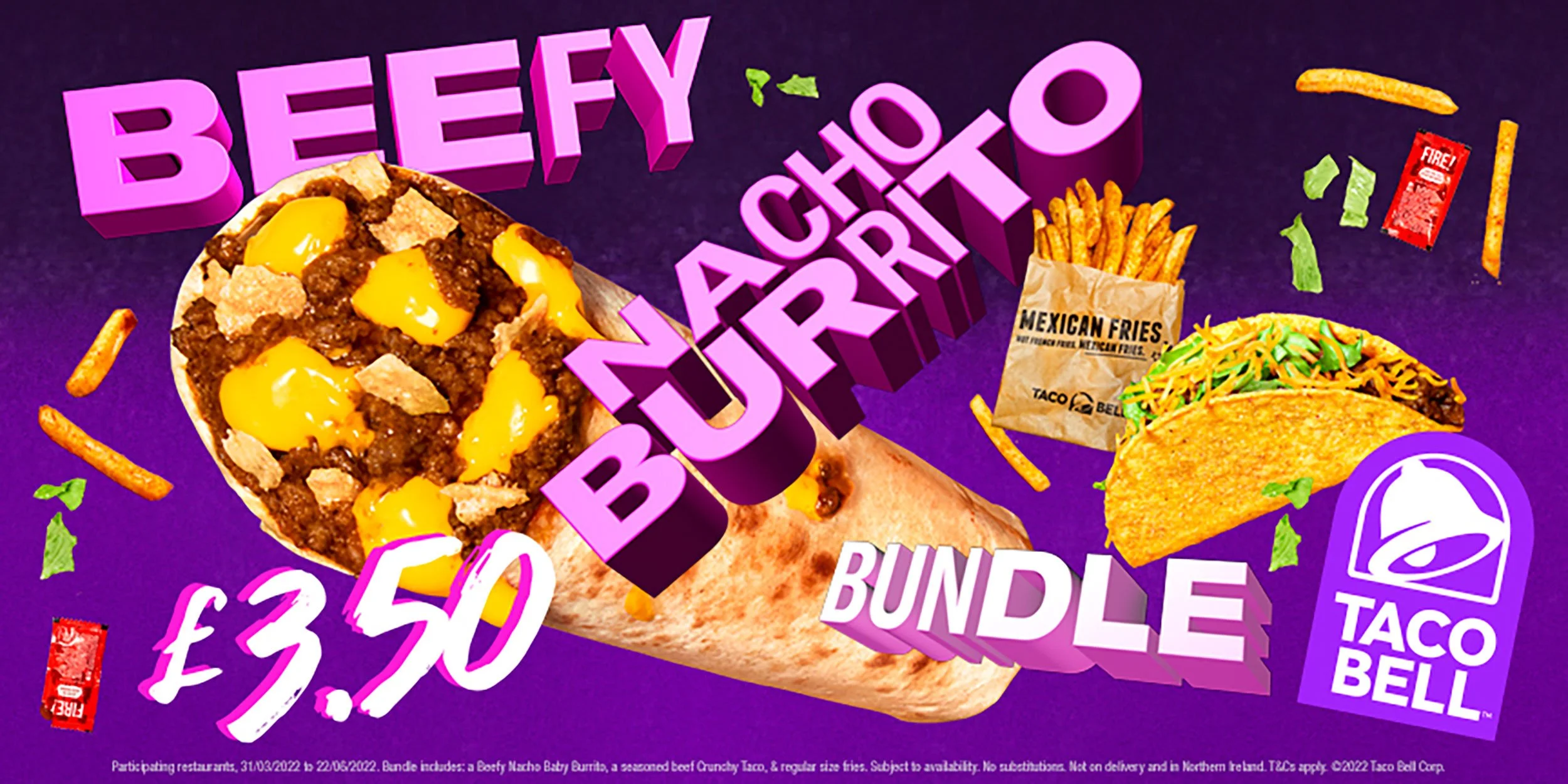 Taco Bell £3.50 BEEFY MELT CRUNCH burrito bundle featuring a cheesy beef burrito, taco, Mexican fries, and hot sauce on a purple background