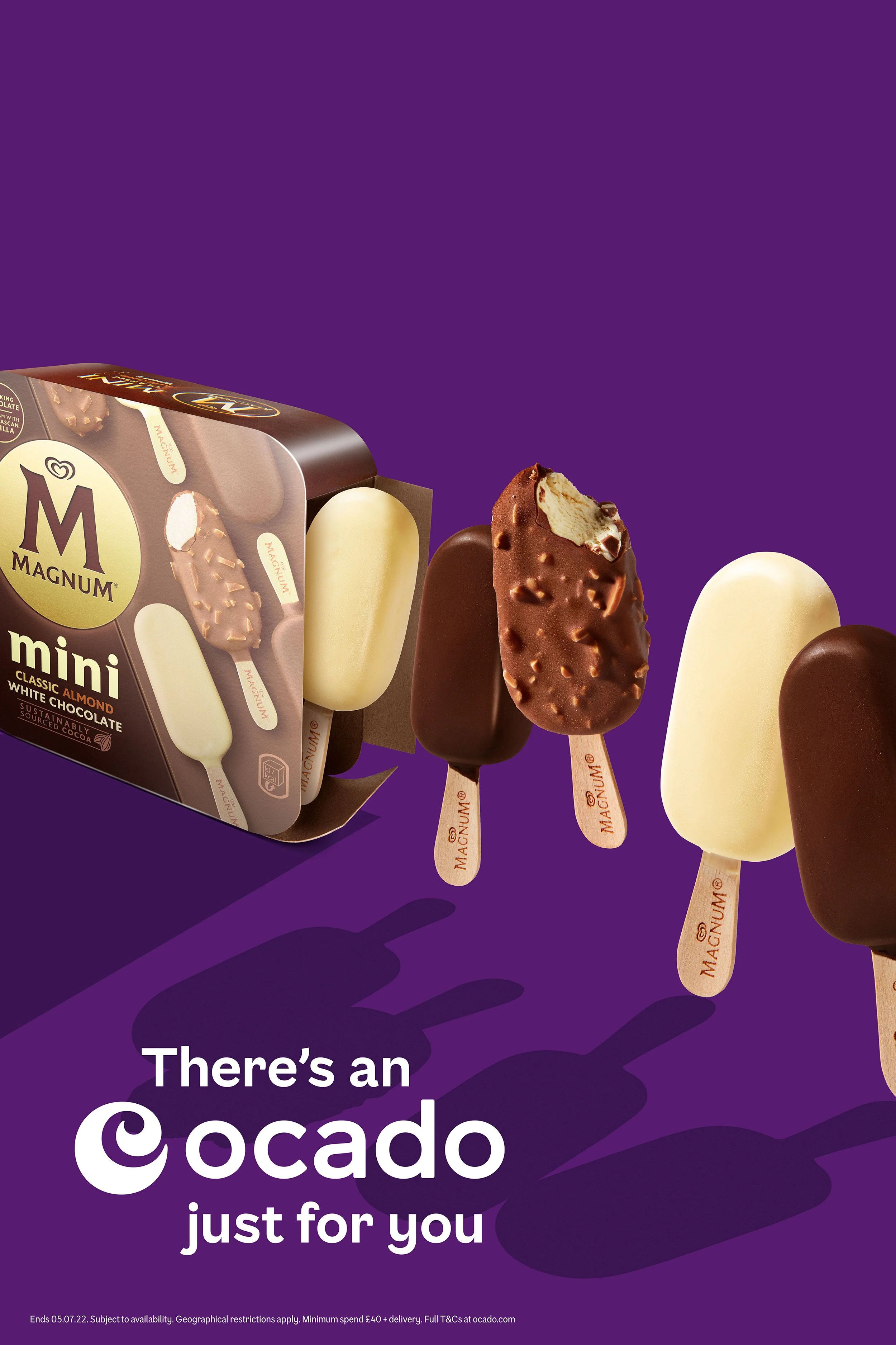 Magnum Mini ice cream bars, including classic almond and white chocolate varieties, with Ocado promotional text on a purple background.