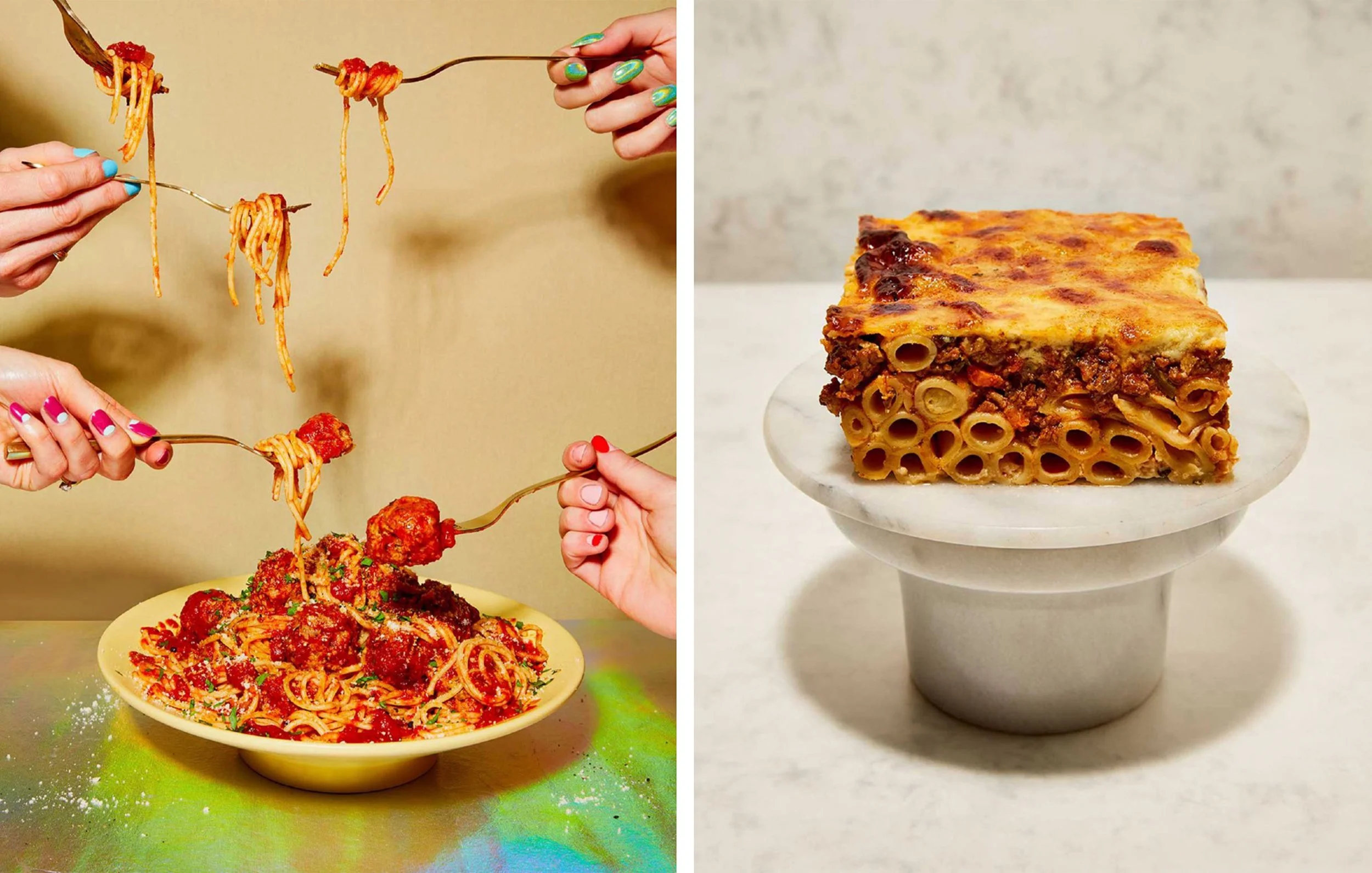 Split image showing spaghetti and meatballs on forks beside a slice of baked ziti lasagna with melted cheese.