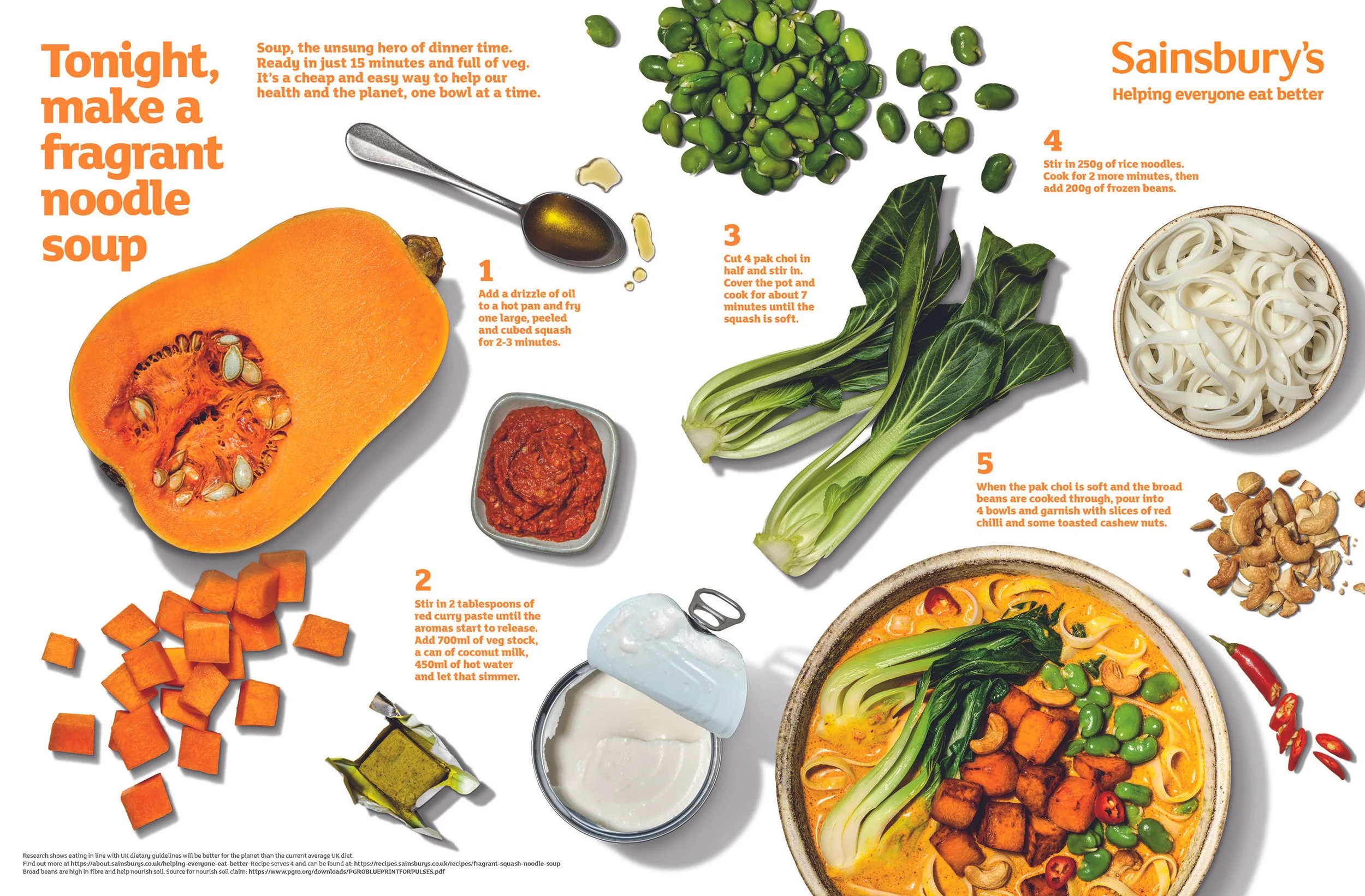 Sainsbury’s recipe poster for fragrant squash noodle soup with squash, broad beans, pak choi, rice noodles, red curry paste, coconut milk, cashews, and step-by-step cooking instructions.
