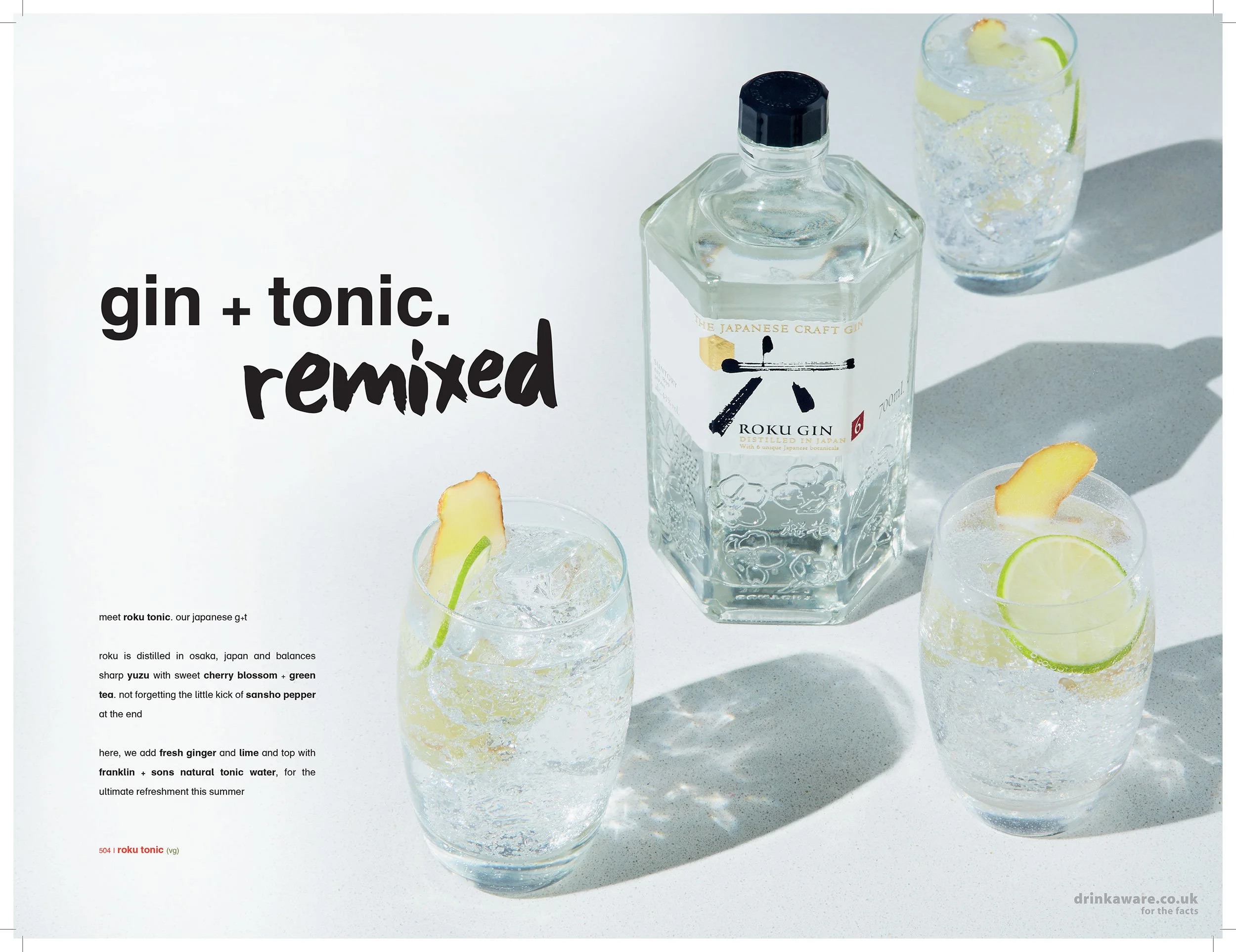 Roku Japanese craft gin bottle with three ginger and lime gin-and-tonic cocktails, promotional text reading “gin + tonic. remixed.”