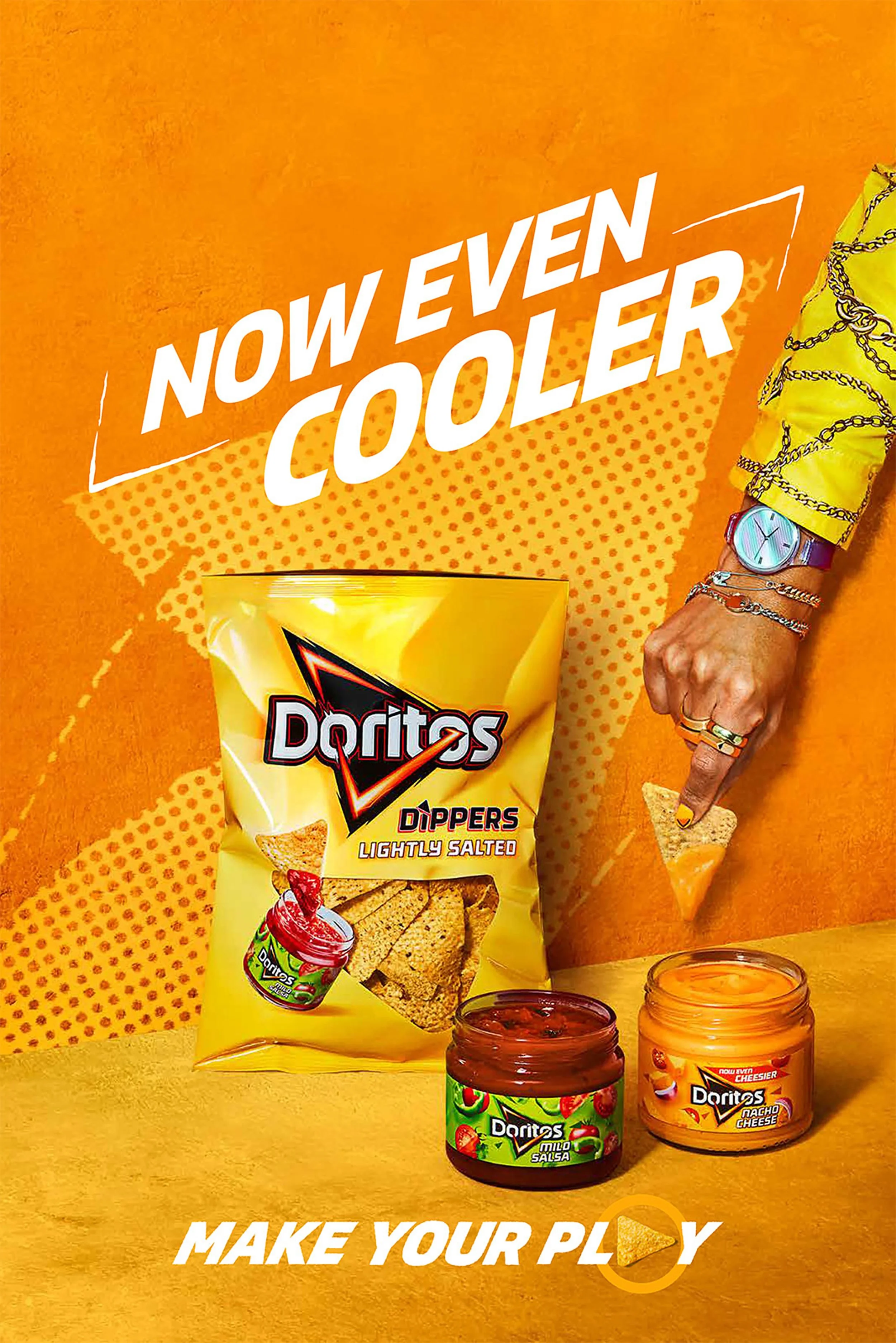 Doritos promotional graphic featuring a lightly salted Dippers tortilla chip bag, salsa and nacho cheese dips, and the slogan “Now even topper.”