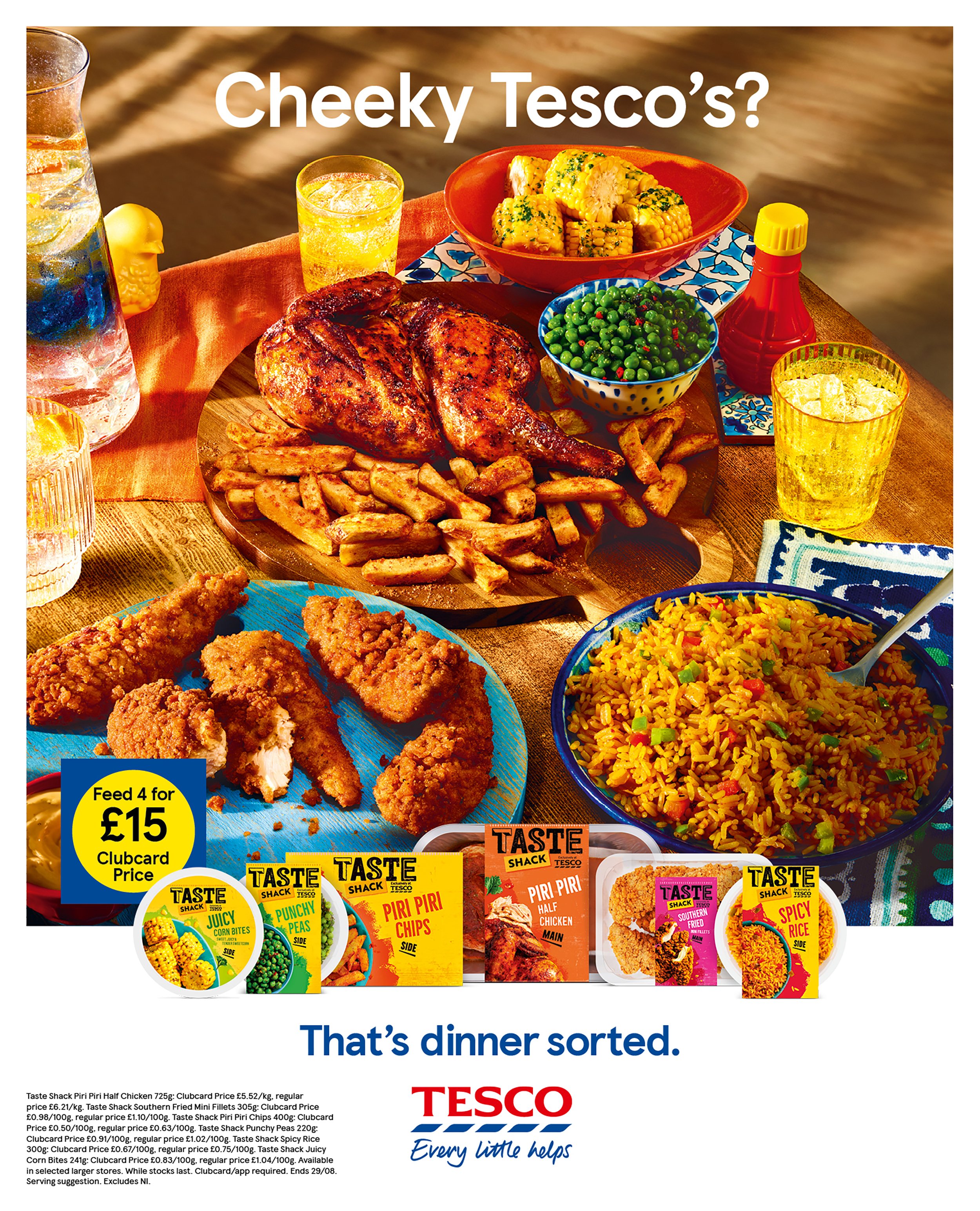 Tesco Taste Shack food advertisement featuring peri peri half chicken, southern fried chicken, chips, peas, corn bites, spicy rice, and a £15 Clubcard meal deal.