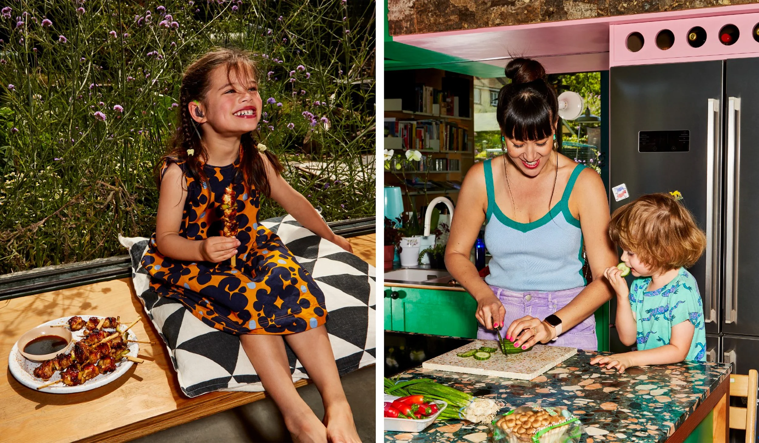 Collage of a smiling girl eating grilled skewers outdoors and a mother preparing cucumbers with a child in a colorful kitchen