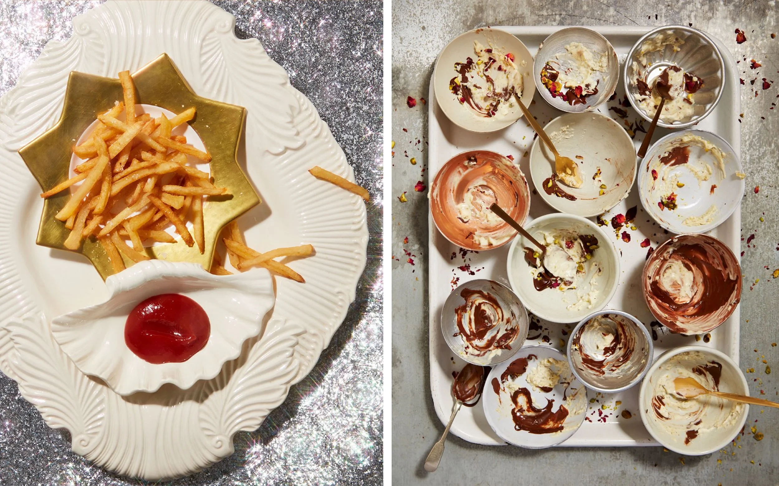 Split food scene showing French fries with ketchup on an ornate plate and bowls of partially eaten ice cream with chocolate sauce, pistachios, and edible flower petals.