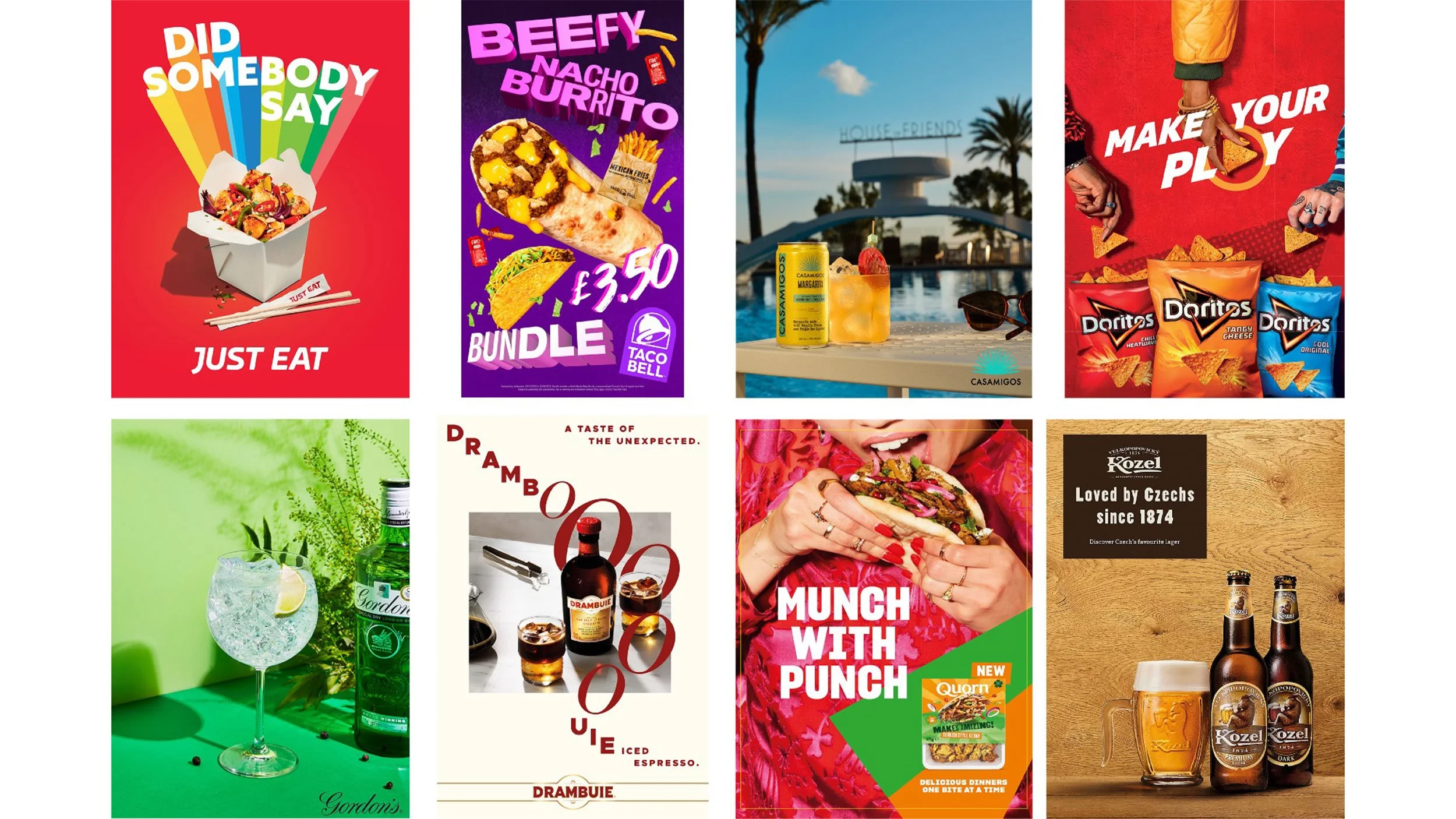Collage of colorful food and beverage advertisements featuring Just Eat, Taco Bell, Casamigos, Doritos, Gordon’s Gin, Drambuie, Quorn, and Kozel beer.